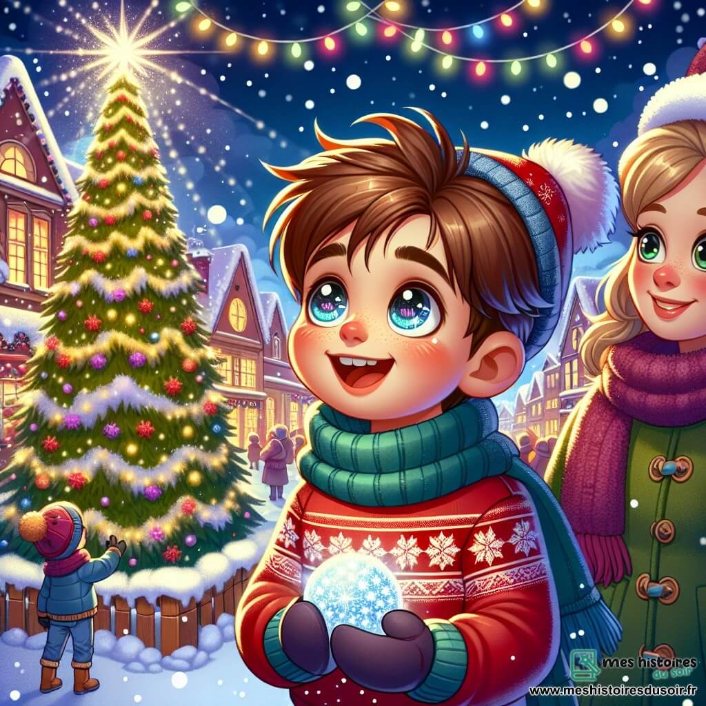 Timothée, un garçon de 11 ans aux cheveux châtains et aux yeux curieux, se tient devant un grand sapin de Noël illuminé, rayonnant de joie. Il porte un pull rouge avec un flocon de neige et une écharpe bleue, ses joues rosies par le froid. Il tient une boule de neige étincelante. À ses côtés, Margot, une jeune femme d'environ 25 ans avec des cheveux blonds en chignon, l'observe avec fierté, vêtue d'un manteau vert et tenant un livre de contes de Noël. Le décor est une place centrale enneigée, illuminée par les lumières du sapin et décorée de guirlandes colorées. Timothée découvre la magie de Noël, prêt à partager un moment inoubliable avec ses amis et Margot.