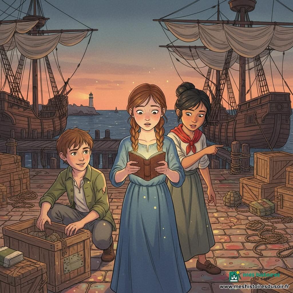 Trois enfants au crépuscule dans un grand port du XVIIe siècle : Lila (≈11 ans, tresses châtain, robe bleue) tient au centre un petit carnet de cuir émettant une douce lueur dorée qui enveloppe leurs mains et éclaire leurs visages étonnés ; Tom (≈12 ans, cheveux bruns courts, veste kaki usée) se tient à gauche en train d'ouvrir une caisse en bois ; Noor (≈11 ans, peau hâlée, chignon noir, foulard rouge) est à droite et pointe vers le port. Lieu : pontons en bois usé, mâts et voiles froissées, caisses et cordages, pavés humides reflétant la lumière, mer sombre et phare à l'arrière-plan. Atmosphère : aventure douce, encre aux traits fins, jeux d'ombres chaudes et reflets humides sur le bois.