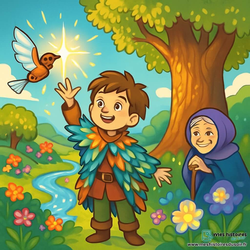 Le Petit Poucet, un garçon aux cheveux châtains et aux yeux curieux, porte un manteau de plumes colorées. Il se tient devant le Grand Arbre, majestueux avec ses feuilles dorées. À ses côtés, Venturo, un oiseau mécanique, vole gracieusement. Plus loin, la gardienne du Jardin des Étoiles, une vieille femme souriante, est entourée de fleurs luminescentes. Le lieu mêle nature et magie, avec des rivières scintillantes et des collines verdoyantes. Le Petit Poucet lève un Éclat de l'Aube au-dessus de sa tête, tandis que des éclats de lumière dansent autour de lui, symbolisant la magie renaissante dans le royaume.