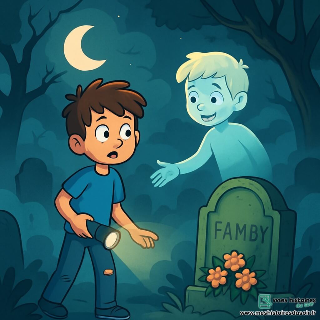 Maxence, un garçon de 10 ans aux cheveux bruns en désordre et aux yeux curieux, se trouve dans un cimetière mystérieux, affichant une légère peur mêlée d'excitation. Il porte un t-shirt bleu et un jean déchiré, tenant une lampe torche qui éclaire faiblement son chemin. À ses côtés, un garçon fantomatique d'apparence translucide et aux cheveux blonds flotte légèrement. Il tend la main vers Maxence pour l'inviter à le suivre. Le cimetière est enveloppé de brume, avec des tombes anciennes et des arbres tordus. Maxence s'avance vers une tombe ornée de fleurs fraîches, tandis que le garçon fantôme lui montre une inscription mystérieuse. L'atmosphère est intrigante et légèrement angoissante, mêlant curiosité et frissons.