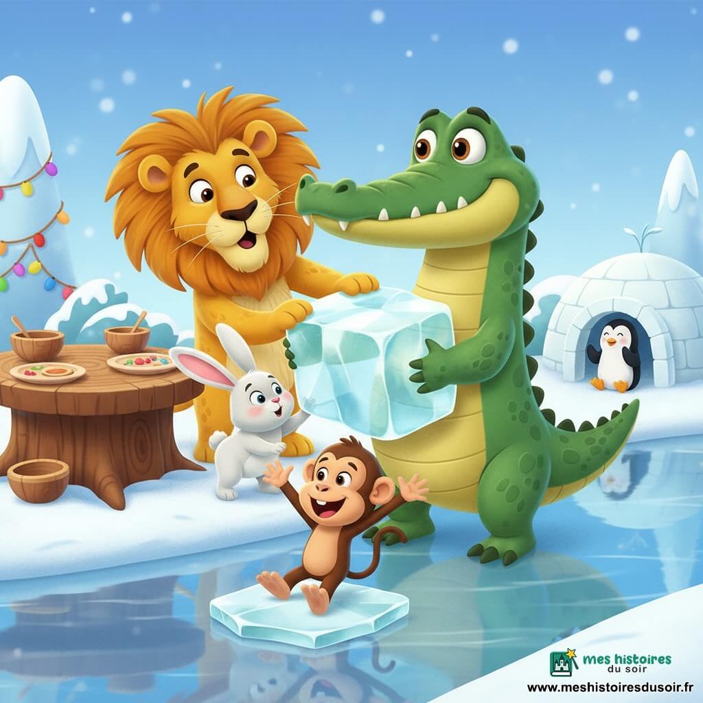 Un crocodile souriant et maladroit à peau vert émeraude tient fièrement un bloc de glace, un lapin blanc potelé touche la glace, un lion doré et touffu frissonne surpris derrière, un singe brun glisse en riant et un petit pingouin noir et blanc applaudit depuis l’entrée d’un mini-igloo ; rive d’une rivière bleue, banc de neige et igloos, guirlandes colorées et bols en bois sur un tronc transformé en table, ambiance festive, couleurs vives et textures contrastées.