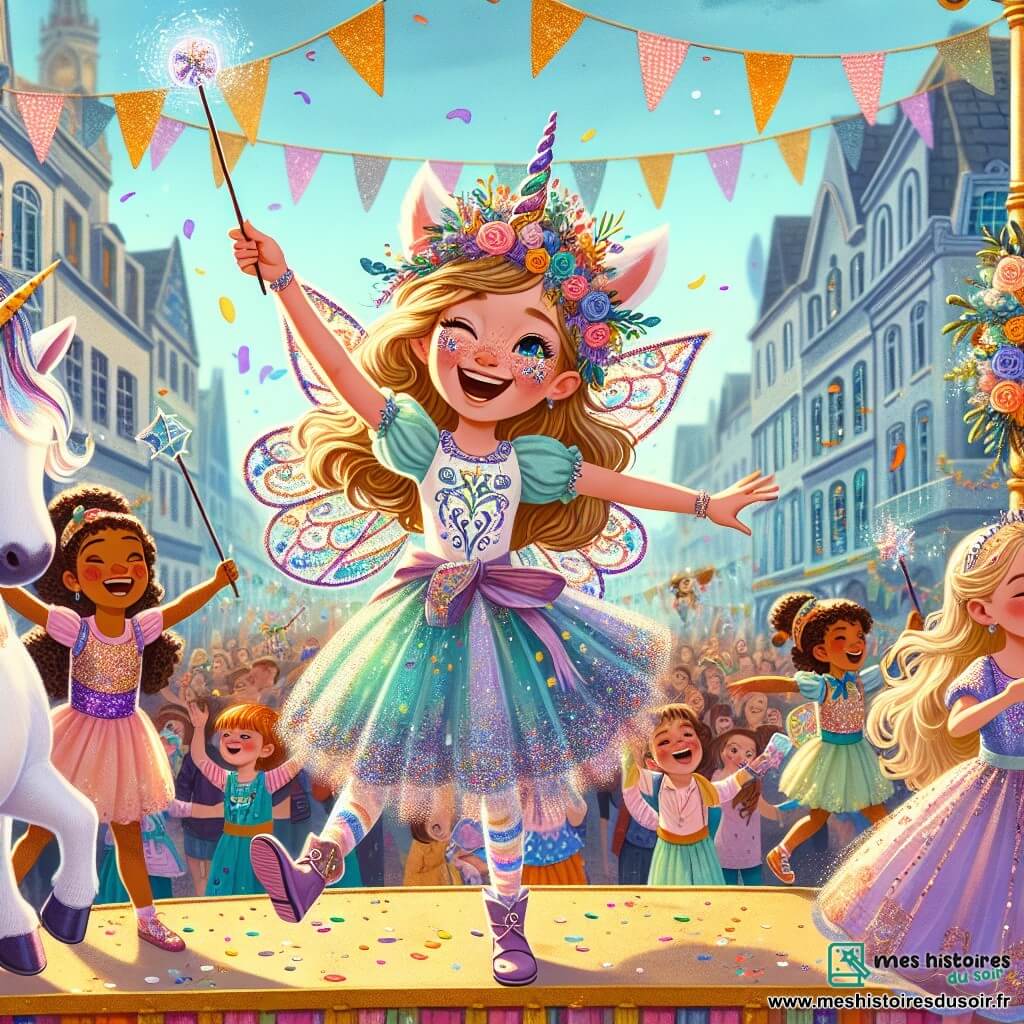 Au centre de l'image, Clara, une fille de 12 ans, est joyeusement vêtue d'un costume de licorne coloré. Elle danse sur un char décoré de fleurs, souriante et excitée. À ses côtés, sa meilleure amie Luna, également âgée de 12 ans, déguisée en fée, l'encourage à danser avec une baguette magique. En arrière-plan, une place animée est remplie de personnes de tous âges en costumes, célébrant le carnaval sous un ciel ensoleillé. Clara et Luna, entourées d'enfants dansant et chantant, créent une atmosphère festive et joyeuse qui capture l'esprit du carnaval.