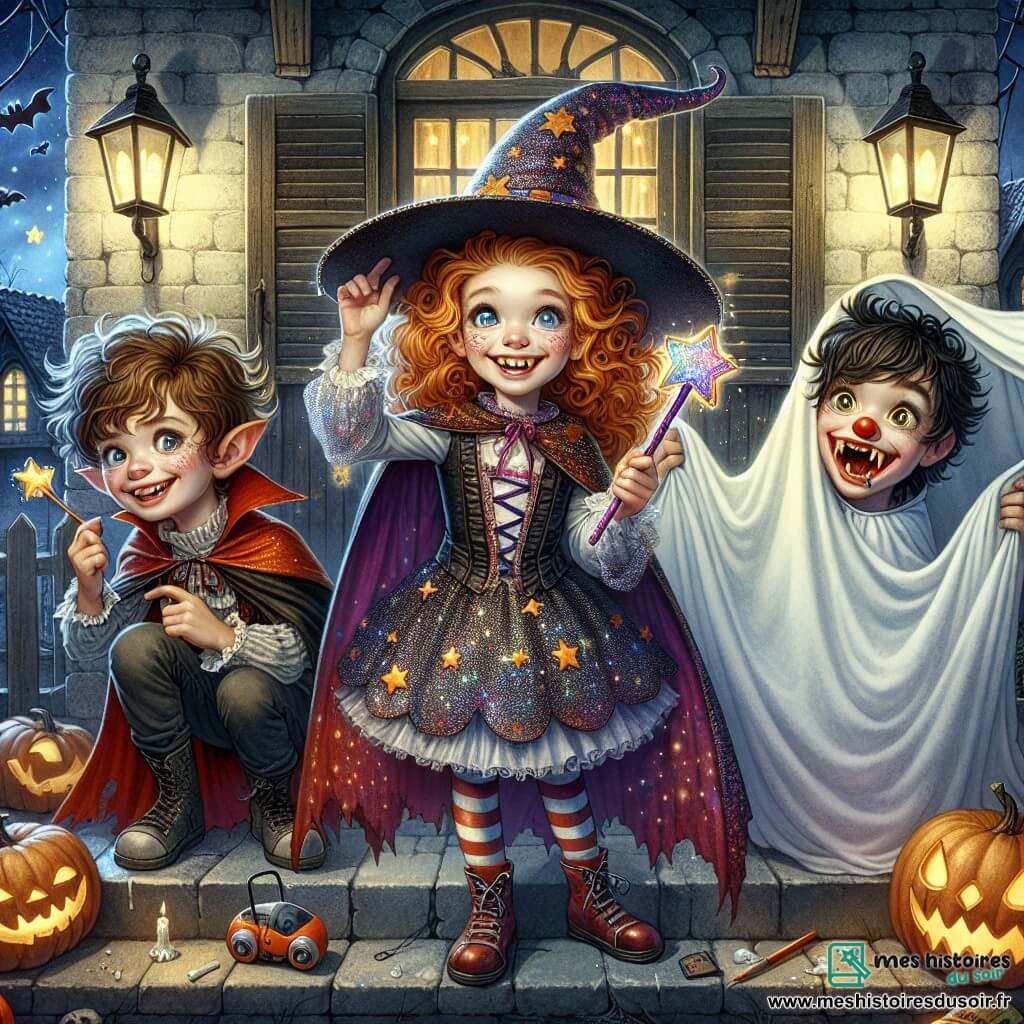 Au centre de l'image, Léonie, une fille de 11 ans, sourit avec des cheveux bouclés châtaigne et un costume de sorcière scintillant, tenant une baguette magique. À sa droite, Max, également âgé de 11 ans, déguisé en vampire avec une cape rouge, essaie de faire rire Léonie. À gauche, Zoé, 10 ans, en costume de fantôme, tient un masque de clown. En arrière-plan, une maison hantée mystérieuse est décorée de lanternes orange, créant une ambiance festive. Ils décorent la maison pour Halloween, remplissant les pièces de lanternes et de bonbons tout en riant.