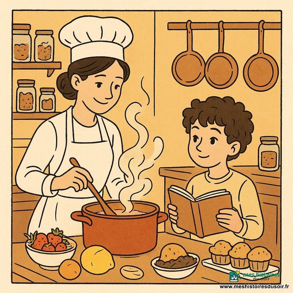 Lina, une femme chef cuisinier, sourit, ses cheveux bruns en chignon, portant une toque et un tablier blancs. Elle remue une casserole avec une cuillère en bois, une vapeur parfumée s'en échappe. À ses côtés, Jules, un garçon de neuf ans, observe avec intérêt, tenant un carnet de recettes. Ils sont dans une cuisine chaleureuse, entourés de bocaux d'épices et de casseroles. La lumière du soir baigne la pièce, créant une ambiance accueillante. Lina et Jules préparent un plat spécial avec des ingrédients frais et des douceurs.