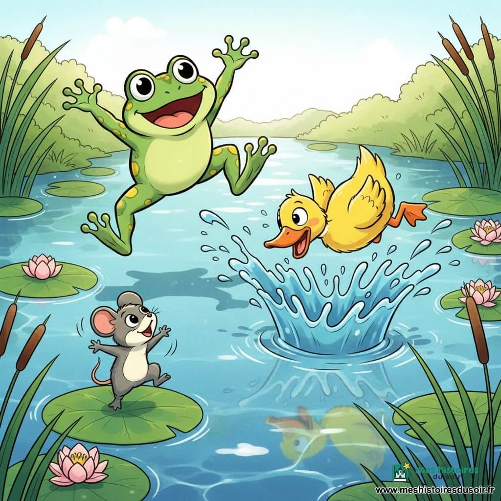 Grenouille verte à pois jaunes, grande bouche souriante et yeux ronds, sautant en l'air ; canard jaune vif au bec orange, glissant et basculant au-dessus d'un gros éclaboussement ; petite souris grise au ventre blanc dansant sur un nénuphar en regardant les autres ; étang calme aux eaux bleues, nénuphars verts, fleurs rose pâle, roseaux et reflets du soleil ; scène joyeuse aux couleurs vives et contours doux.