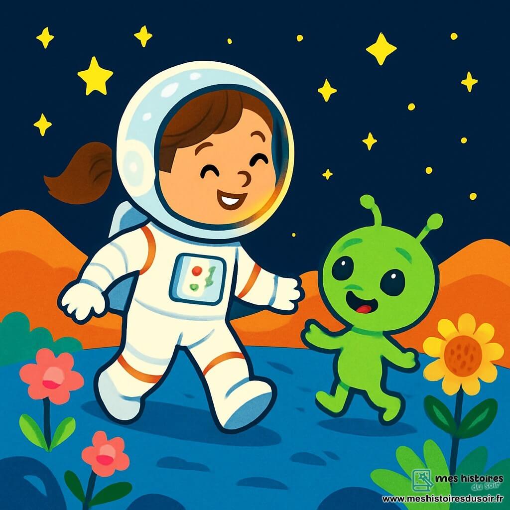 Léa, une astronaute souriante aux cheveux bruns en queue de cheval, porte une combinaison spatiale blanche brillante et un casque réfléchissant. Elle marche sur une planète bleue, émerveillée par son environnement. À ses côtés, un petit être vert aux grands yeux ronds et au sourire joyeux, mesurant la moitié de sa taille, l'observe avec curiosité. Le paysage est parsemé de fleurs lumineuses et de montagnes douces sous un ciel étoilé. Ensemble, Léa et le petit être découvrent ce monde magique, prêts à explorer.