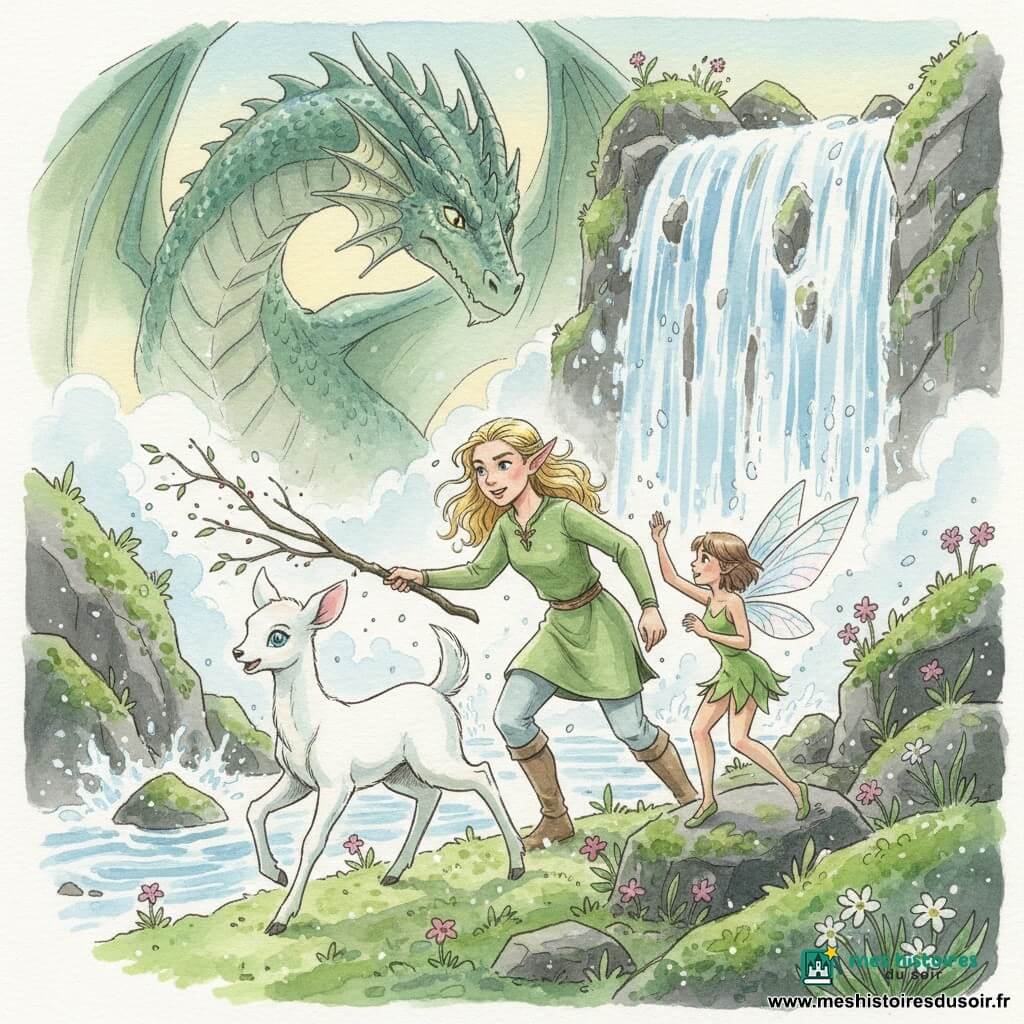 Elara, jeune elfe courageuse au visage concentré et souriant, peau légèrement lumineuse et cheveux blonds ondulés, avance vers la cascade en tenant une branche pour dégager des ronces; Flocon, faon magique au pelage blanc éclatant et aux yeux brillants, trotte joyeusement légèrement en avant; Lyra, petite fée délicate aux ailes translucides irisées et cheveux châtains courts, est perchée sur une pierre en signe d’encouragement; le dragon gardien massif, écailles iridescentes vert-bleu et yeux doux mais perçants, se tient en arrière-plan ailes mi-déployées surplombant la cascade des étoiles — chute d’eau scintillante comme des fils d’argent, brume lumineuse, rochers couverts de mousse fluorescent et petites fleurs phosphorescentes — scène en mouvement où Elara cherche des amis sous une lumière douce de crépuscule, couleurs pastel vives et textures aquarelle avec touches d’éclaboussures sur gouttes et mousse.