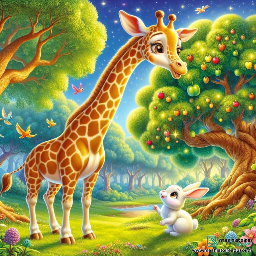 Une girafe nommée Ginette, avec un long cou et des taches dorées, se tient au centre de la clairière, émerveillée. Elle s'étire pour atteindre un arbre ancien chargé de fruits brillants, ses grands yeux curieux. À côté, un petit lapin blanc nommé Léo l'admire, ses pattes avant au sol. En arrière-plan, des oiseaux colorés volent, illuminant le ciel bleu. La clairière, baignée de lumière dorée, est entourée d'arbres majestueux et de fleurs vives. Ginette et Léo découvrent ensemble les trésors de la forêt magique, partageant un moment d'amitié.