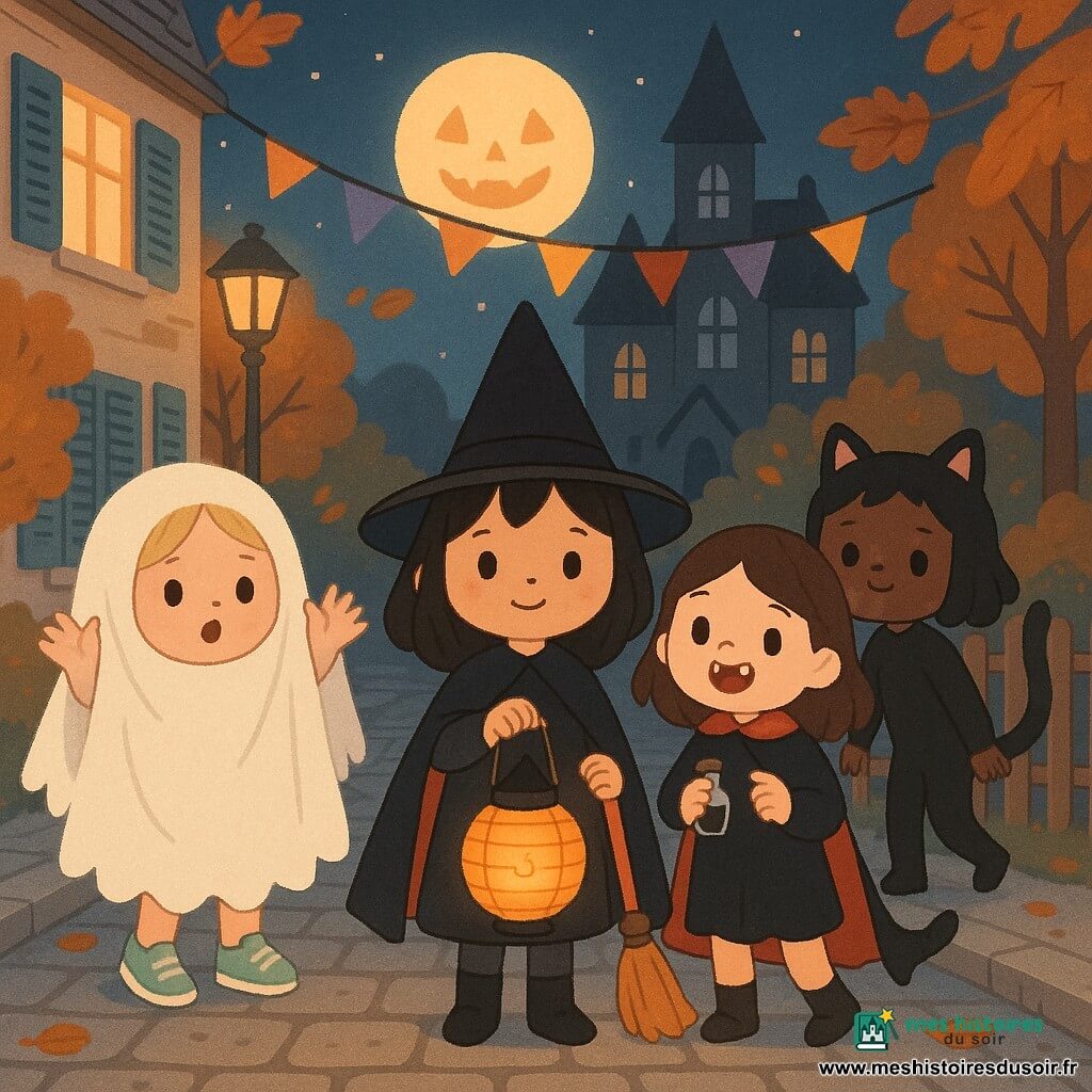 Quatre filles déguisées se tiennent dans une petite rue pavée bordée de maisons anciennes aux volets peints et d'arbres aux feuilles orange : Maëlys, au centre, sorcière en chapeau pointu noir, cape brillante, balai en plastique orange ; à sa gauche Inès, fantôme sous un drap blanc frangé avec baskets vertes visibles ; à droite Zoé, vampire rieuse à cape rouge intérieure tenant un petit flacon « Jus de fraise » ; en arrière droite Lina, chat noir aux oreilles en feutrine dont la queue est prise dans une barrière basse, toutes réunies devant la maison de Maëlys sous une pleine lune citrouille, guirlandes d'Halloween et lampadaires chauds, une lanterne en papier flotte devant elles et semble chuchoter un message mystérieux, ambiance nocturne curieuse et légère aux contrastes chaud/bleu, style kawaii minimal aux silhouettes arrondies, ombres douces et détails graphiques nets.
