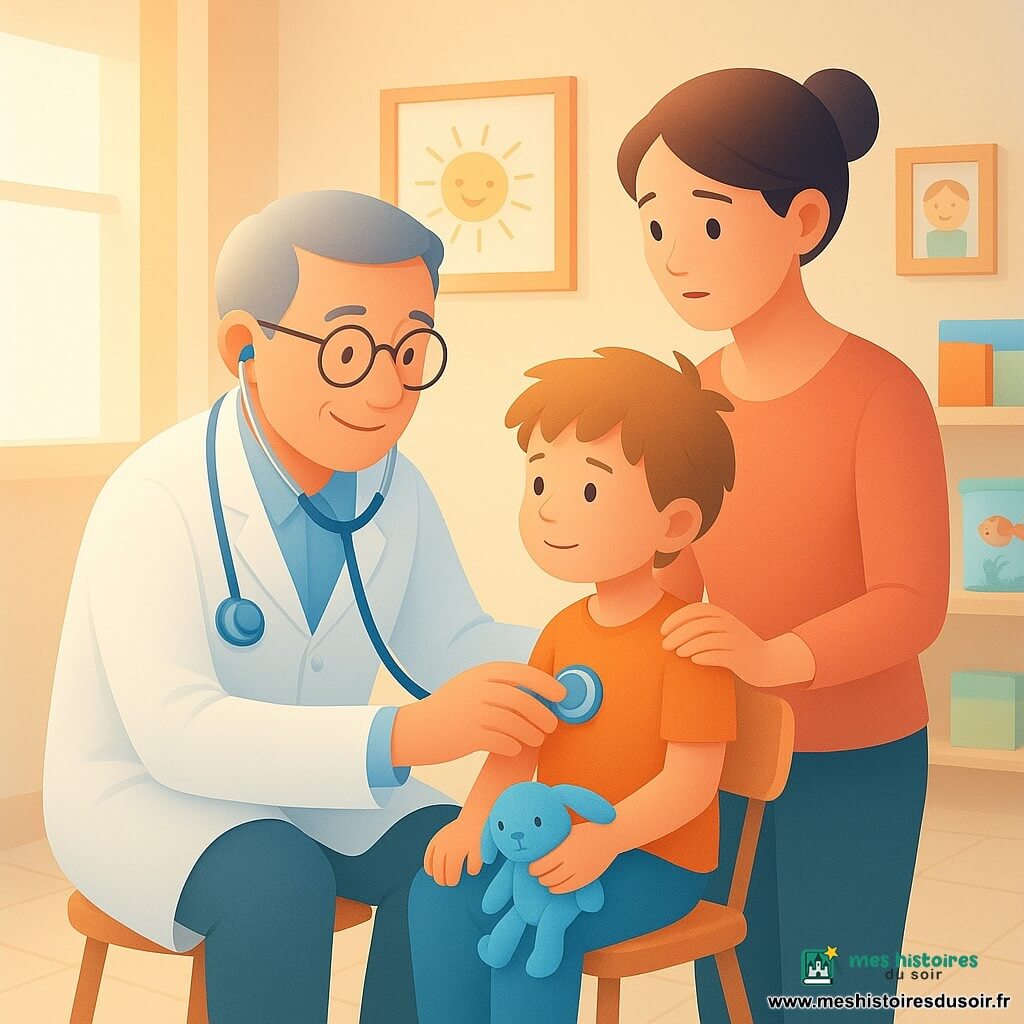 Un docteur souriant aux cheveux gris et lunettes, agenouillé en blouse blanche avec stéthoscope bleu, écoute la poitrine d'un garçon de cinq ans (Tom) aux cheveux châtain clair, assis sur une petite chaise et tenant un doudou bleu, tandis que sa mère la trentaine, cheveux attachés, se tient à côté, main sur l'épaule, dans une petite salle de consultation lumineuse aux tons crème et pastels, lumière dorée venant d'une fenêtre, atmosphère douce et rassurante centrée sur la confiance entre eux.