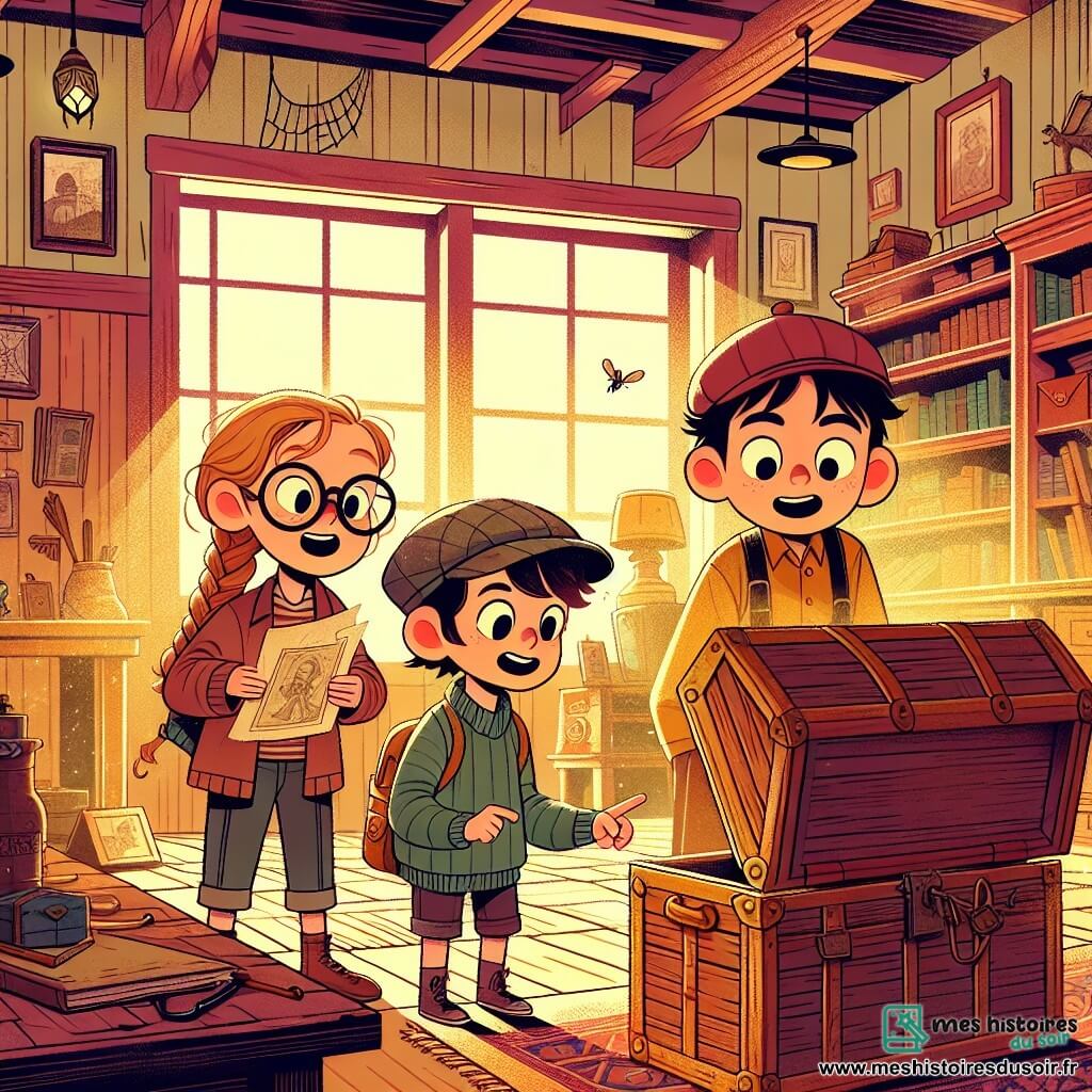 Dans une vieille maison, trois amis se tiennent ensemble. Léo, 8 ans, aux cheveux bruns et lunettes rondes, regarde un coffre ancien avec excitation. À sa droite, Mia, 7 ans, avec des cheveux blonds tressés, pointe le coffre. À gauche, Tom, 8 ans, avec des cheveux noirs et une casquette rouge, tient une vieille photo, l'air perplexe. La pièce est remplie de vieux meubles, de toiles d'araignées et de lumière filtrant à travers les fenêtres poussiéreuses. Le sol est recouvert d'un tapis usé, et des livres anciens sont empilés sur une étagère. Ils découvrent un coffre mystérieux et enquêtent sur un jouet trouvé à l'intérieur.