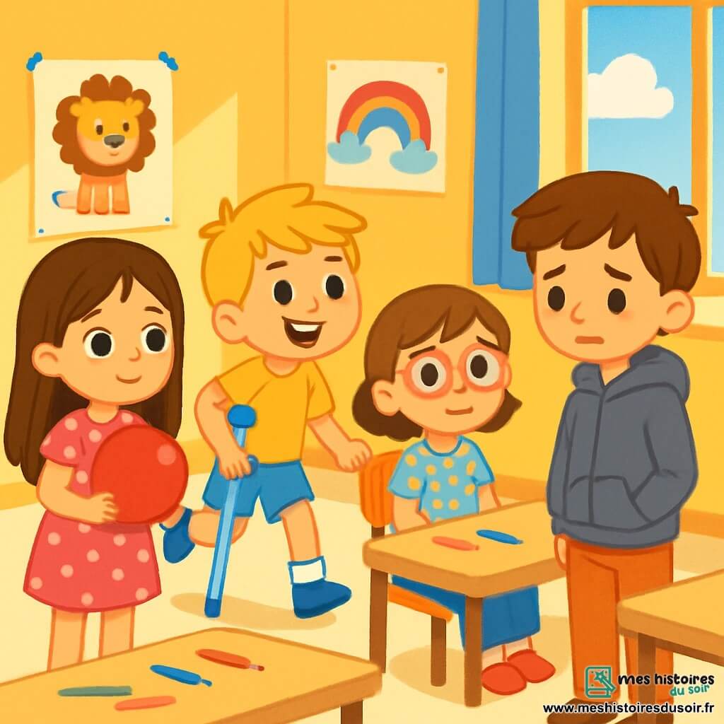 Quatre enfants sont présents : Zoé, 8 ans, cheveux bruns, robe rose à pois blancs, tenant un ballon rouge ; Léo, 7 ans, cheveux blonds en bataille, t-shirt jaune et short bleu, courant avec une béquille bleue ; Jade, 8 ans, lunettes roses, blouse à fleurs, assise et inquiète ; Paul, 7 ans, cheveux châtains, sweat à capuche gris, triste et à l'écart. L'action se déroule dans une salle de classe lumineuse de l'école Arc-en-Ciel, aux murs jaunes décorés de dessins. Paul avoue à ses amis avoir pris le dessin de Jade, tandis que les autres l'écoutent attentivement, créant une atmosphère tendue mais pleine d'espoir.
