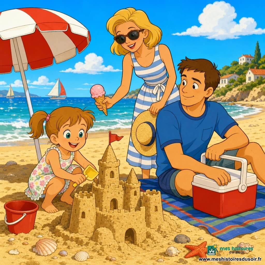 Une fillette de 4 ans, joyeuse et émerveillée, cheveux châtain clair en couettes, yeux bleu-vert, robe à fleurs, accroupie en train de construire un grand château de sable avec un seau rouge et une pelle jaune ; un homme d'environ 35 ans, sourire chaleureux, cheveux bruns courts, t-shirt bleu, assis sur une serviette à côté d'elle tenant une glacière ; une femme d'environ 33 ans, blonde mi-longue, lunettes de soleil, robe d'été rayée, debout en arrière offrant une glace et tenant un chapeau de paille ; plage vaste au sable doré, petites vagues translucides brillantes, coquillages épars et parasol rayé rouge et blanc à côté ; après-midi d'été lumineuse, couleurs chaudes, ombres douces, ambiance familiale joyeuse et paisible, style cartoon années 90 à traits nets et palette saturée.