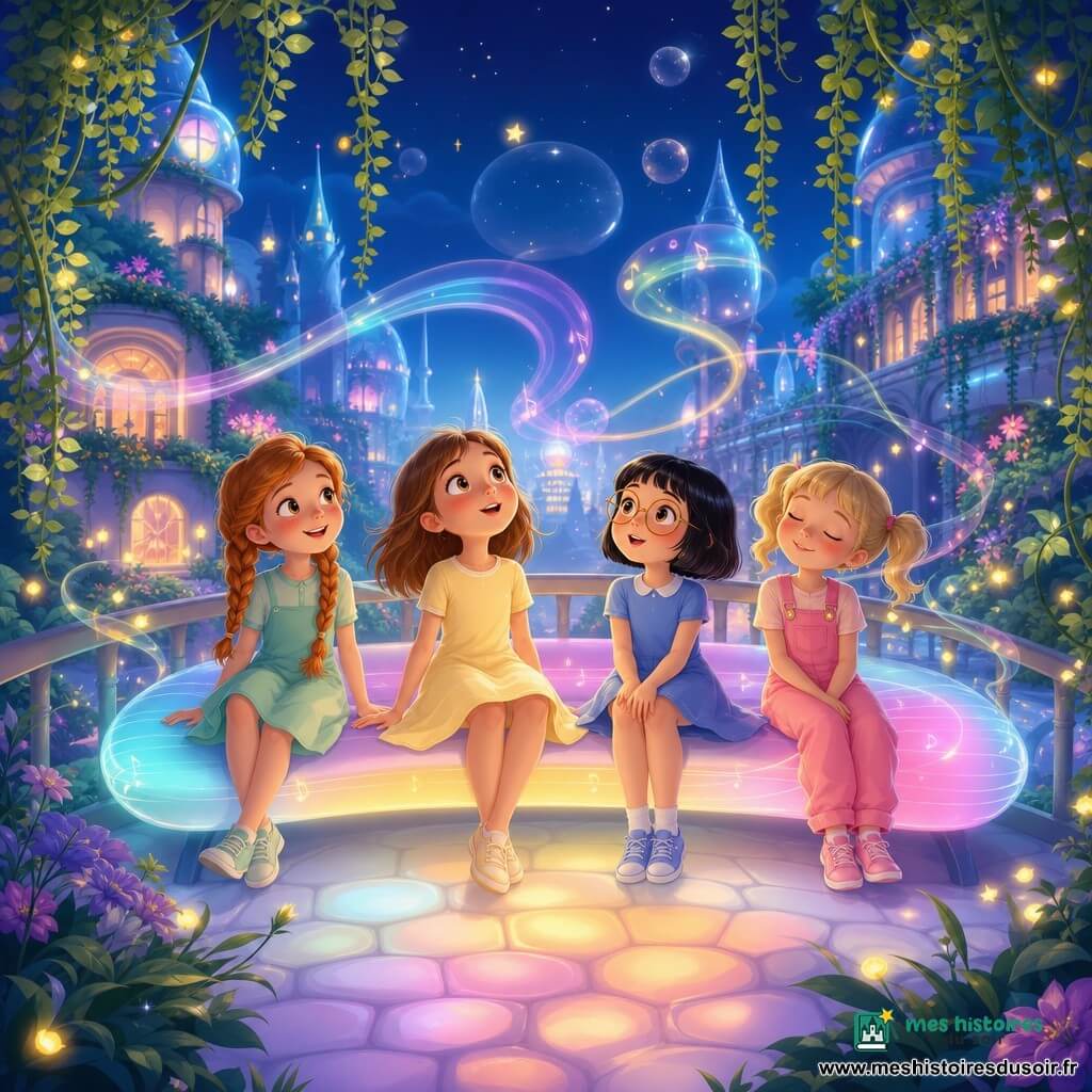 Quatre filles de 6 ans sont assises la nuit sur un banc musical illuminé et vibrant dans un pont-jardin suspendu pavé de dalles pastel : Mila, cheveux bruns mi-longs, robe jaune pâle, regard émerveillé vers le ciel au centre ; Lila, tresses rousses et tenue vert menthe, à gauche en train de se balancer doucement ; Nora, cheveux courts noirs et lunettes rondes, robe bleue, à droite, les mains sur les genoux, impressionnée ; Zoé, couettes blondes en salopette rose, au bout à droite, yeux fermés bercée par la musique. Autour, lianes lumineuses vert émeraude, lucioles électriques en petites étoiles, toits fleuris, tours de verre futuristes et bulles flottantes ; la berceuse se manifeste en ondes colorées sculptant l'air, créant une atmosphère calme, magique et chaleureuse aux tons pastel ponctués de néons doux.