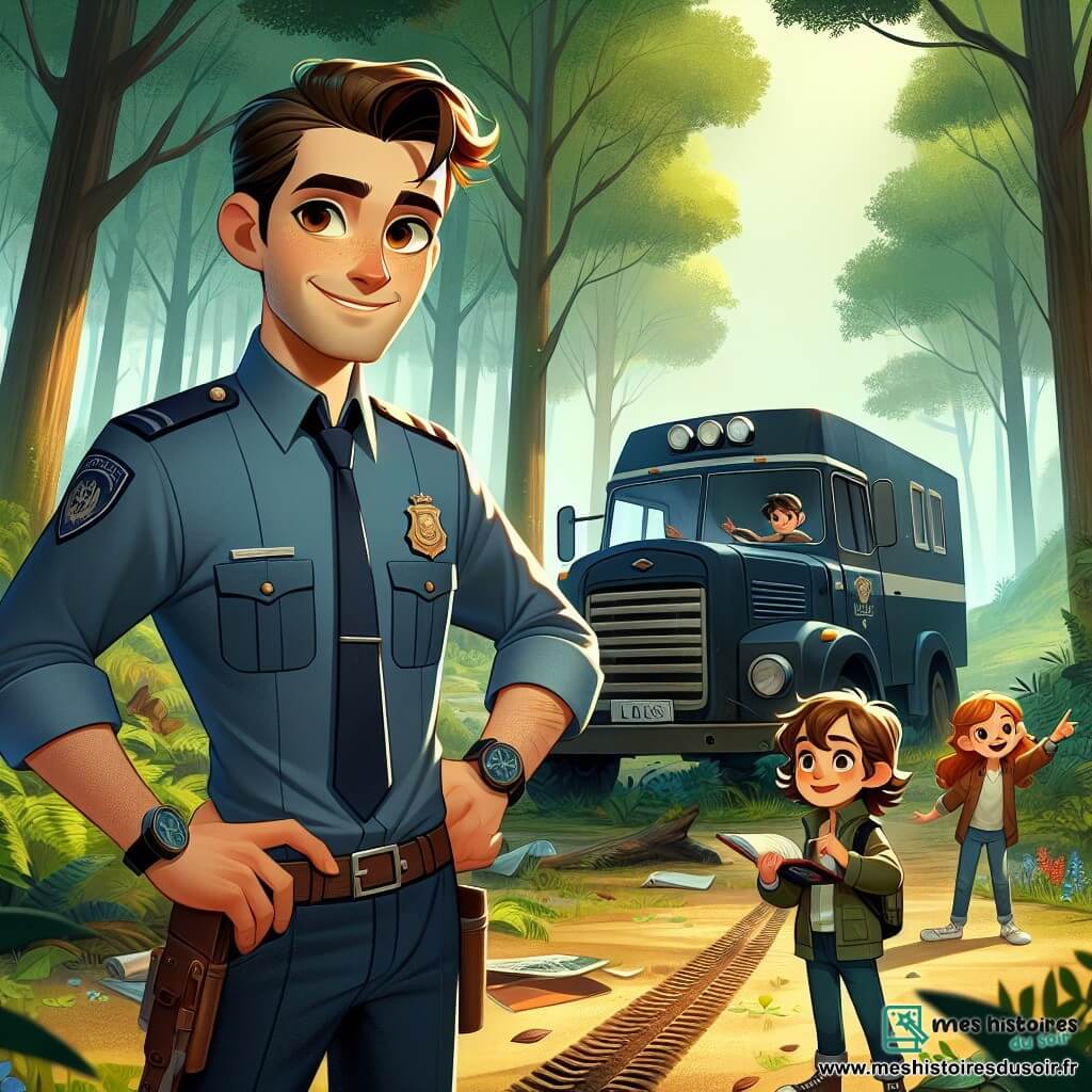 L'agent Julien Moreau, dans la trentaine, avec des cheveux bruns et des yeux déterminés, porte un uniforme bleu marine et sourit. Il se tient devant un camion abandonné dans une forêt, carnet et stylo en main, prêt à enquêter. À ses côtés, Lucas, dix ans, aux cheveux blonds en bataille et lunettes rondes, observe le camion, tandis qu'Emma, huit ans, avec des couettes brunes, pointe une trace de pneus. La scène se déroule dans une forêt dense avec des arbres majestueux, des feuilles mortes et des fleurs sauvages, créant une atmosphère magique. Julien et les enfants découvrent le camion abandonné, avec une statue cachée sous une bâche à proximité, examinant des indices dans un moment de suspense.