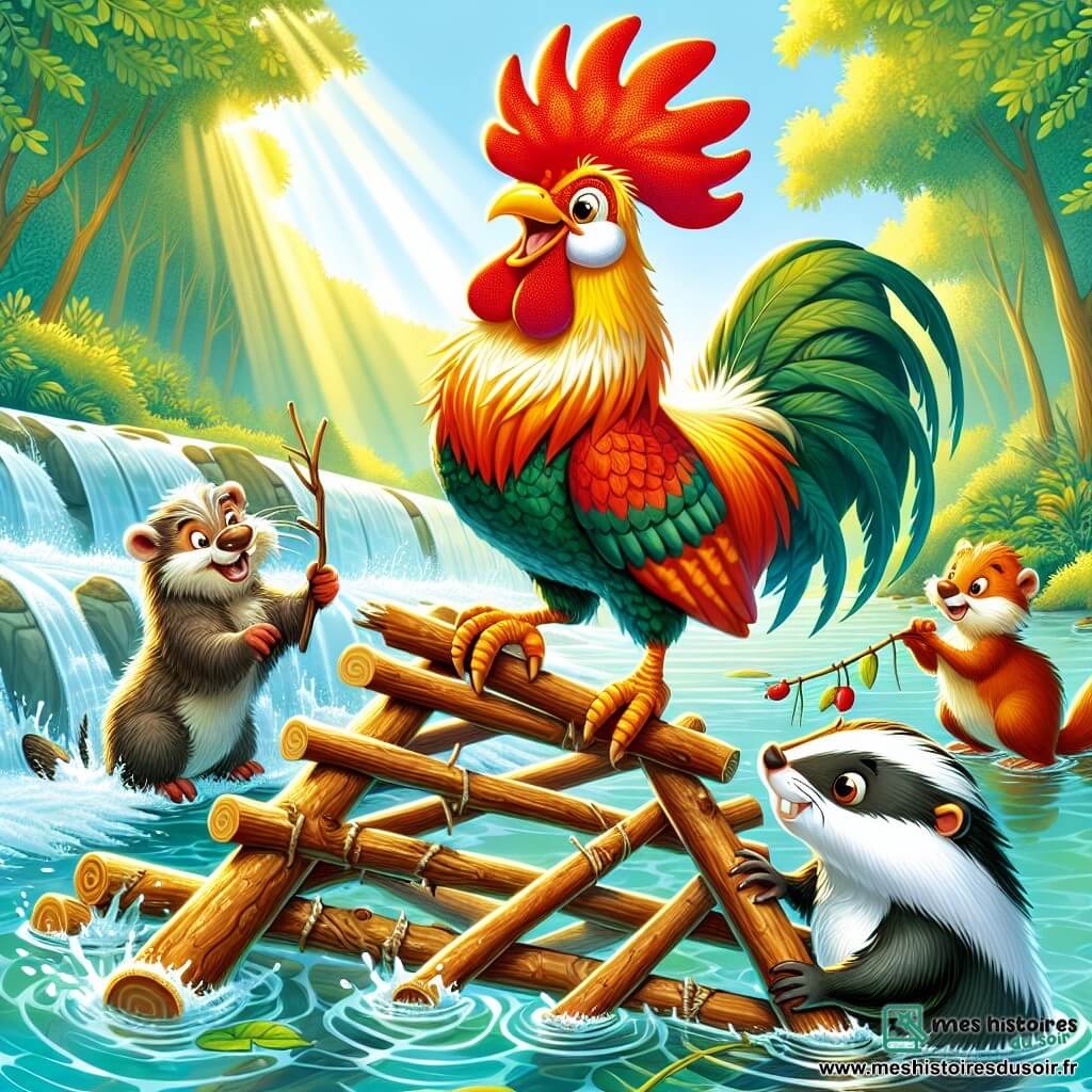 Un coq aux plumes dorées et rouges se tient sur un radeau de branches, affichant un grand sourire. Ses yeux brillent d'excitation alors qu'il s'apprête à diriger une pyramide d'animaux. À ses côtés, un blaireau au pelage gris et noir observe avec scepticisme, tandis qu'un castor brun lutte pour ne pas tomber à l'eau. En arrière-plan, une rivière scintillante traverse une forêt verdoyante, baignée de lumière. Le coq essaie de construire la pyramide d'animaux sur le radeau, tandis que tous s'amusent et éclaboussent l'eau dans une joyeuse explosion de rires.