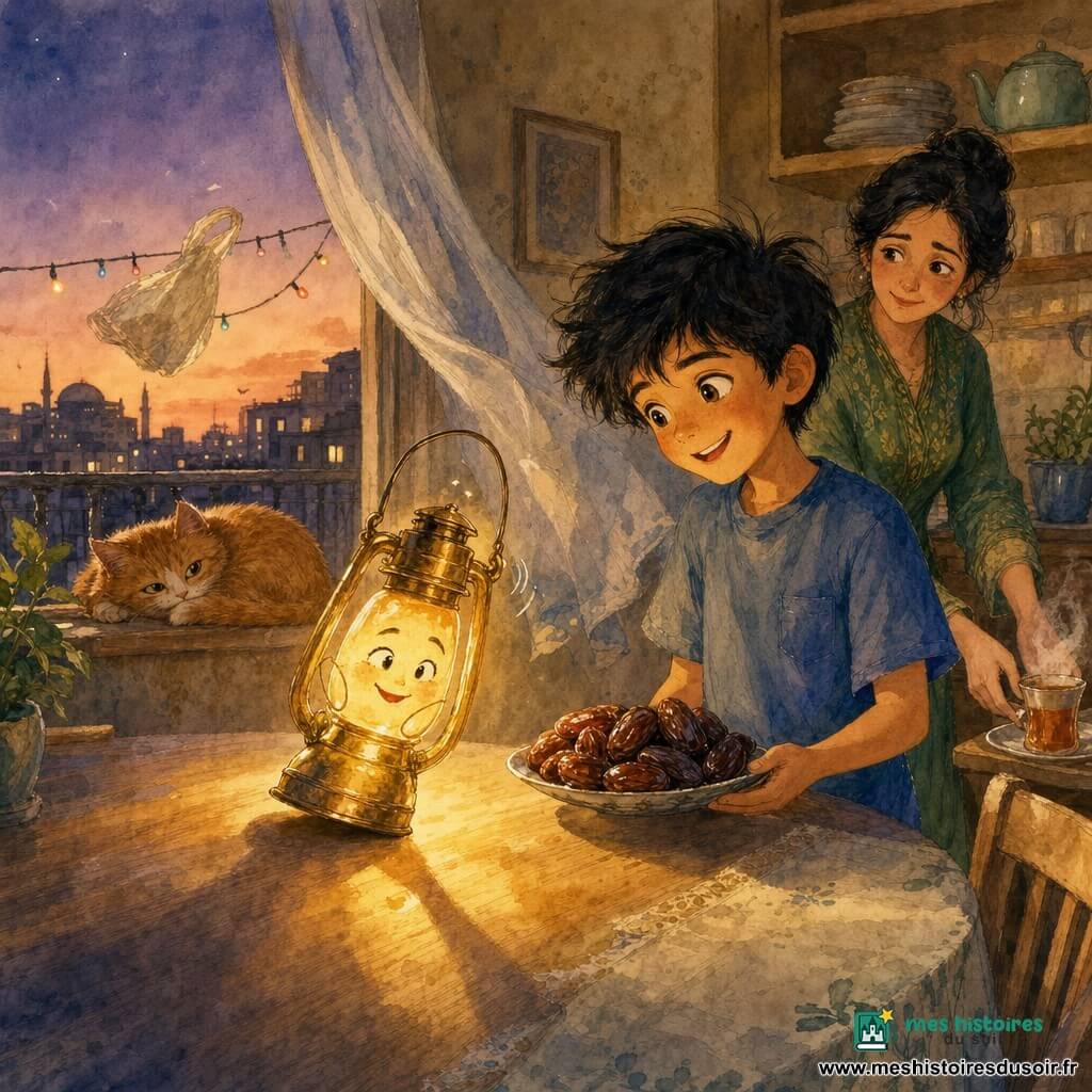 Une petite lanterne en métal doré au visage peint penche sa poignée et diffuse une douce lueur jaune-orangée; Samir, garçon de 10 ans aux cheveux noirs en bataille et tee‑shirt bleu, la regarde avec admiration en tenant une assiette de dattes brillantes; la mère, femme d’âge moyen aux cheveux attachés et robe verte à motifs, pose une tasse de thé fumante en arrière‑plan, un petit chat roux nommé Nougat somnole près de la fenêtre en regardant la scène, et sur le balcon une guirlande multicolore éteinte et un sac de pain flottant dans le courant d’air complètent cette cuisine‑salon chaleureuse au crépuscule où la famille prépare paisiblement l’iftar sous la lumière douce de la lanterne.