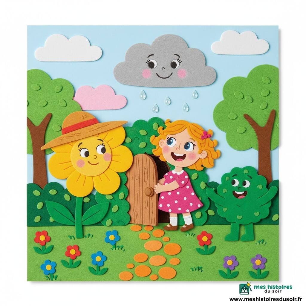 Une fillette de 4 ans, joyeuse et malicieuse, cheveux bouclés dorés et robe rose à pois blancs, rit en ouvrant une petite porte en bois cachée dans un buisson; à sa gauche Marguerite, une grande fleur jaune au chapeau de paille et visage souriant sur la corolle, se penche vers elle; à sa droite Pif, un petit buisson vert aux feuilles en forme de mains et yeux ronds, remue ses branches en riant; au-dessus flotte Grumpy, un nuage gris au sourire timide faisant tomber quelques gouttes translucides; le jardin secret montre une pelouse verte, fleurs mousse colorées et une allée de cailloux orange dans un ciel bleu pâle, la scène dépeint un rire partagé avec expressions amicales, contours nets et couleurs vives.