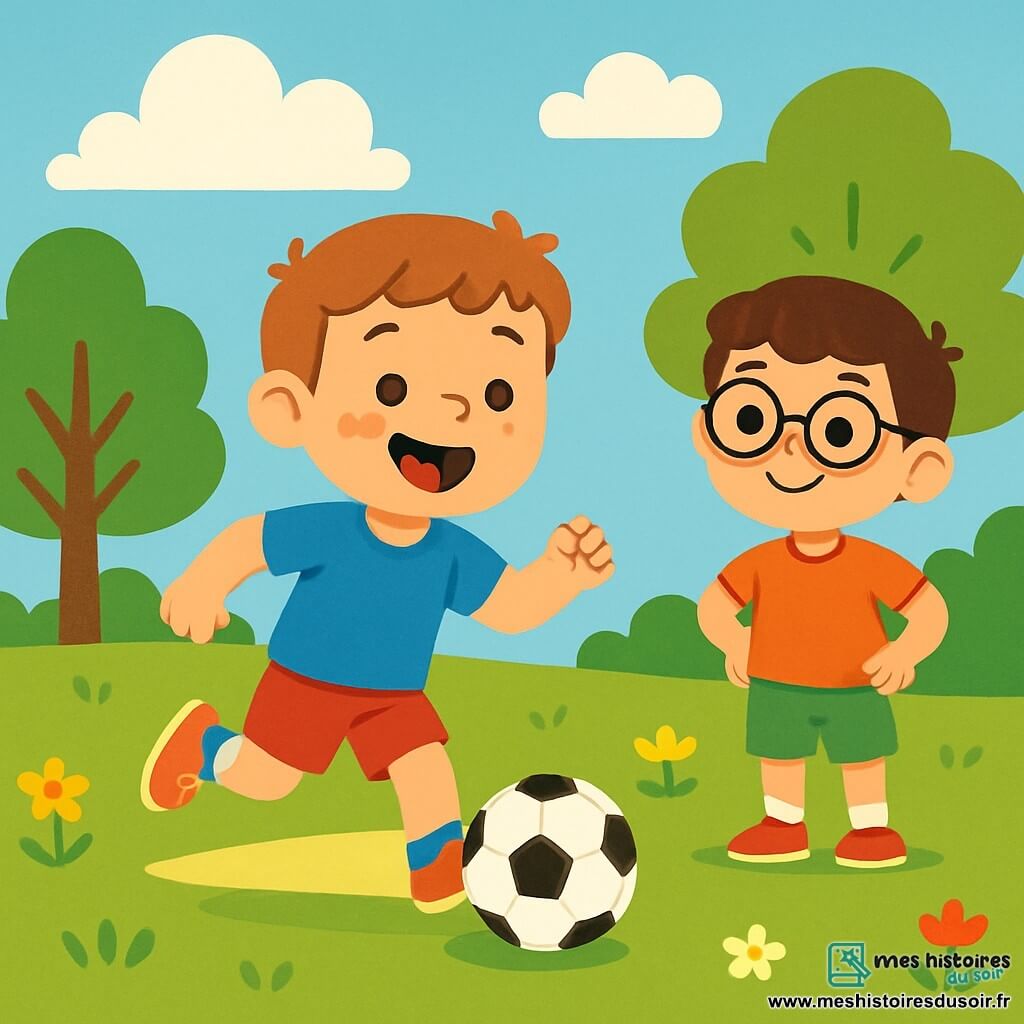 Léo, un garçon de 8 ans souriant et énergique, porte un maillot bleu et des shorts rouges. Il dribble un ballon de football sur un terrain verdoyant, les yeux brillants de joie. À ses côtés, Tom, un garçon de 7 ans avec des cheveux bruns et des lunettes rondes, l'observe avec admiration. Le parc est ensoleillé, avec des arbres verts, des fleurs colorées et un ciel bleu. Léo court après le ballon, prêt à marquer, tandis que Tom l'encourage avec un grand sourire, créant une atmosphère de camaraderie et de joie.