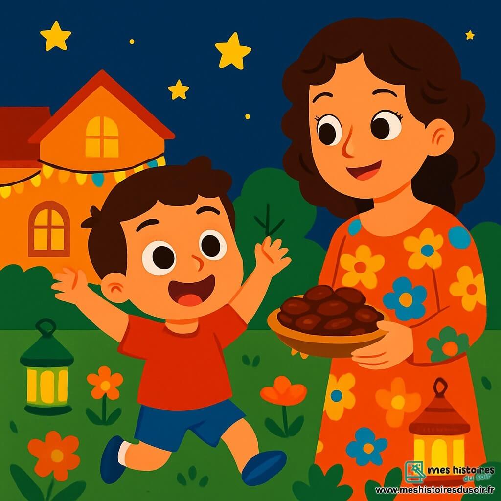 Un petit garçon de 4 ans, Amir, aux grands yeux ronds et au sourire éclatant, porte un t-shirt rouge et un short bleu. Il saute de joie dans le jardin, émerveillé par les lumières des maisons voisines. Sa maman, d'une trentaine d'années, cheveux bruns et bouclés, sourit en tenant un plat de dattes, vêtue d'une robe colorée aux motifs floraux. Le jardin est rempli de fleurs et de lanternes, créant une ambiance festive. Ils sont entourés de leur famille, réunis pour célébrer le Ramadan sous les étoiles.