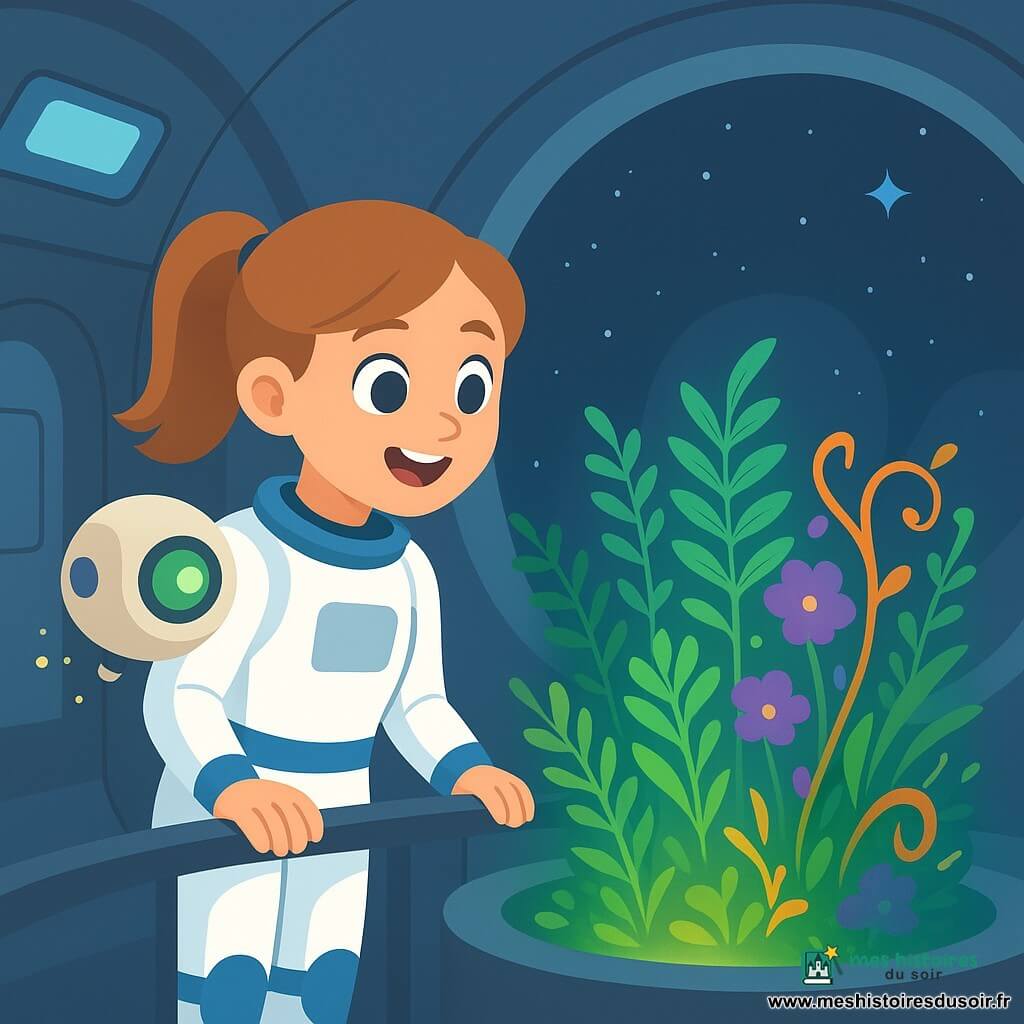 Léa, souriante et émerveillée, cheveux châtain clair en queue de cheval, en combinaison spatiale blanche à touches bleues, pose les mains sur la rambarde d’un sas en découvrant une petite salle-bulle abandonnée d’une station spatiale ; un petit robot sphérique crème à œil vert flotte à côté d’elle, tandis qu’au centre un jardin secret phosphorescent — fougères vert vif, fleurs pourpres et lianes orange — éclaire la pièce aux murs métalliques arrondis et aux panneaux lumineux bleus, ambiance calme, magique et chaleureuse, style graphique épuré aux couleurs douces, contours nets, composition centrée sur Léa et le jardin.
