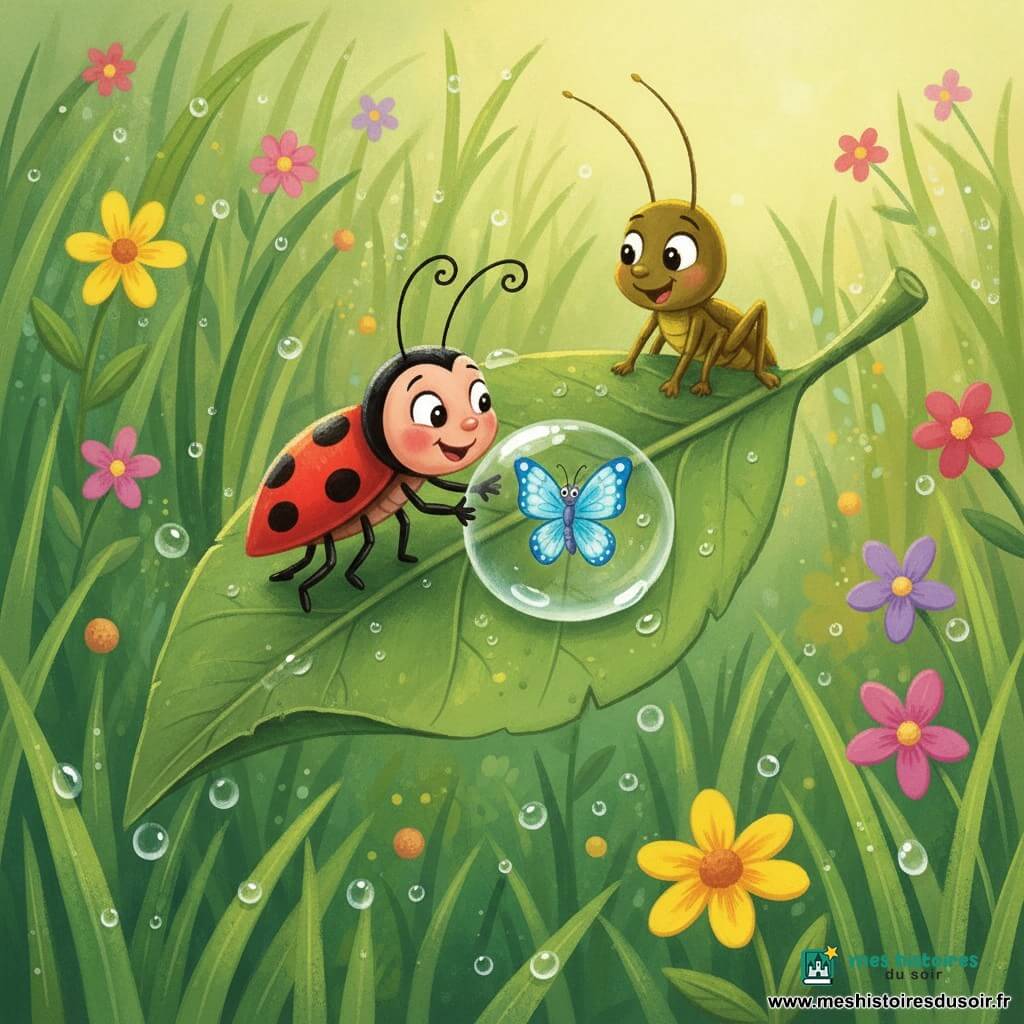 Lili, petite coccinelle aux ailes rouges à six points noirs, et Gribouille, petit grillon brun-olive aux antennes fines, secouent doucement une grande feuille texturée pour libérer Azur, un papillon bleu prisonnier d'une goutte de rosée translucide ; le jardin matinal baigne la scène de lumière, herbes luisantes, fleurs multicolores et gouttes scintillantes, le tout dans un style gouache enfantin aux couleurs vives, contours arrondis et ambiance douce et bienveillante.