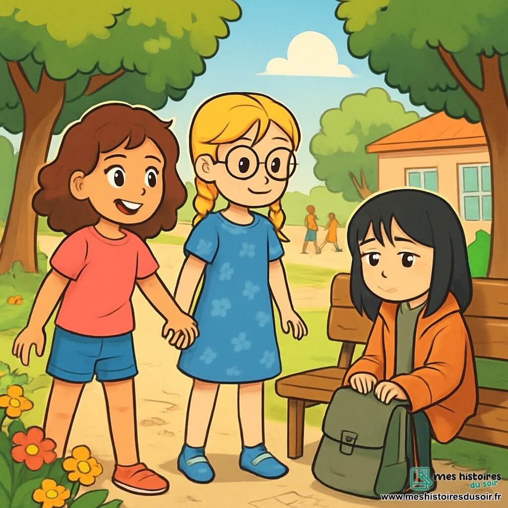 Il y a trois personnages : Léa, une fille de 10 ans aux cheveux châtains bouclés, souriante et vêtue d'un t-shirt rose et d'un short en jean, se tient à gauche ; Sofia, également âgée de 10 ans, avec des cheveux blonds tressés et des lunettes rondes, porte une robe bleue à fleurs et se trouve au centre, hésitante ; et la nouvelle élève, une fille de 9 ans aux cheveux noirs raides, triste dans un manteau trop grand, assise sur un banc. L'action se déroule dans une cour d'école ensoleillée, avec des enfants jouant au loin et des fleurs colorées. Léa et Sofia, main dans la main, s'approchent de la nouvelle élève pour l'inviter à jouer, tandis qu'elle lève timidement les yeux, surprise mais curieuse.