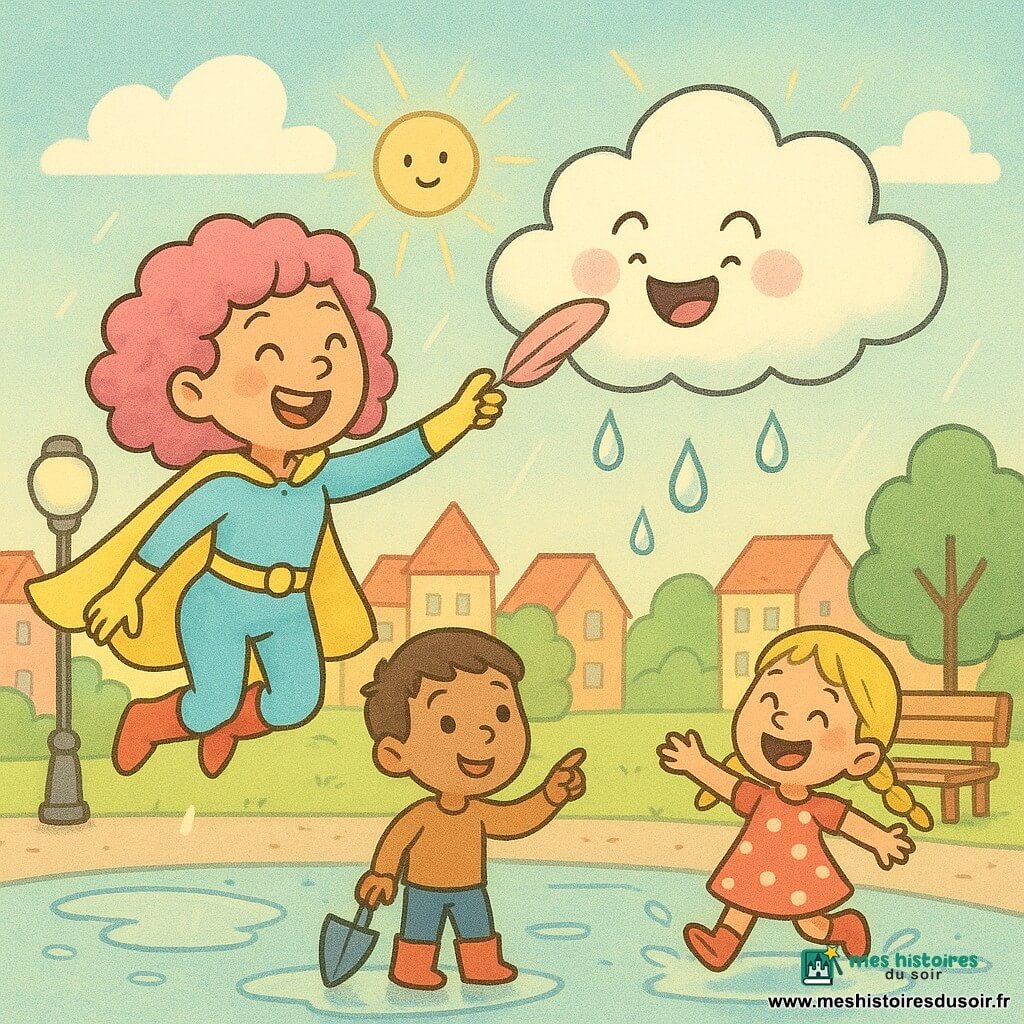 Zébuline, super-héroïne souriante aux cheveux bouclés roses, cape jaune et costume bleu clair, saute en chatouillant un nuage avec une plume rose; le nuage, personnage rond et duveteux aux joues roses, rit et laisse tomber des gouttes perlées; un garçon de 6 ans aux cheveux bruns courts et bottes rouges tient un parapluie fermé depuis une flaque en souriant et en pointant le nuage, tandis qu'une fillette de 4 ans aux tresses blondes et robe à pois saute dans une autre flaque près d'un banc en bois; décor : la place colorée de Lulaville avec maisons aux toits rouges, lampadaires ronds, arbres verts, grandes flaques réfléchissantes et rayons de soleil dorés; scène lumineuse aux lignes douces et couleurs pastel vives, atmosphère chaleureuse et ludique.