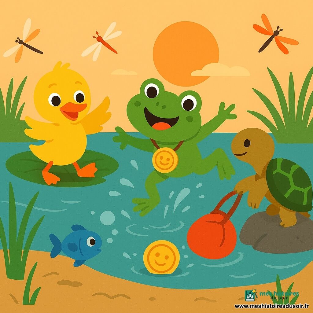 Une petite grenouille verte, Fripouille, aux yeux brillants, plonge malicieusement pour récupérer une médaille dorée tombée dans la vase ; son sac rouge flotte près d’un nénuphar pendant que Coincoin, un canard jaune à bec orange sur une grande feuille à gauche, bat des ailes pour créer un courant, Toupie la tortue brune à carapace verte pousse doucement le sac depuis un rocher à droite, et Bulle, un petit poisson bleu, souffle des bulles près de la médaille ; en arrière-plan des libellules colorées volent au-dessus d’un étang calme aux nénuphars, herbes hautes et vagues légères au coucher du soleil, scène joyeuse avec éclaboussures et expressions heureuses.