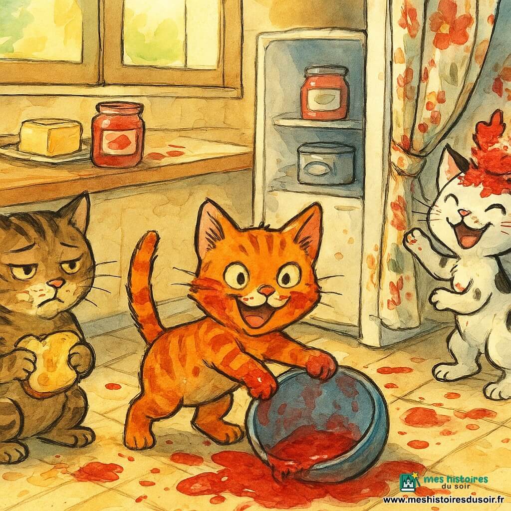 Biscotte, petit chaton roux malin, est au centre, la patte collante de confiture rouge dans un saladier renversé, la queue dressée et l’air espiègle ; Maxou, chat tigré plus grand et penaud, a le museau barbouillé de beurre et tient une tartine écrasée ; Chipie, chatonne blanche à taches noires, couronnée de confiture, rit en grattant des rideaux tachés ; la cuisine est en joyeuse pagaille — carrelage et rideaux éclaboussés, frigo ouvert avec une boîte de sardines, un pot de confiture et une motte de beurre sur le plan de travail, le soleil projetant des reflets chauds sur les éclaboussures.