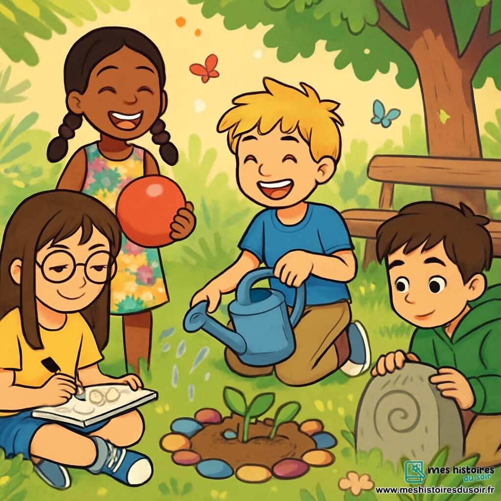 Quatre enfants sont présents : Clémence, 10 ans, avec de longs cheveux bruns et des lunettes rondes, assise dans l'herbe avec un carnet de croquis ; Lila, 9 ans, avec des tresses noires et un sourire éclatant, debout avec un ballon rouge et une robe à fleurs ; Hugo, 10 ans, avec des cheveux blonds en bataille, assis sur un banc en bois, portant un t-shirt bleu et des pantalons cargo ; et Yassir, 9 ans, avec des cheveux bruns, accroupi près d'une pierre gravée, vêtu d'un sweat à capuche vert. L'action se déroule dans un jardin oublié, où les enfants plantent des graines avec des sourires. Clémence dessine, tandis que Lila et Hugo arrosent les pousses, et Yassir observe la pierre gravée, ajoutant une touche de mystère.