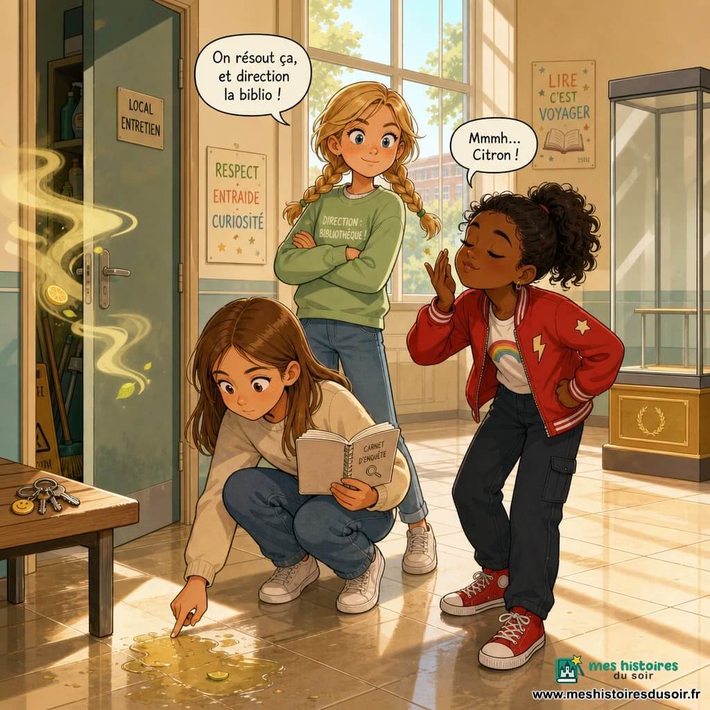 Trois fillettes de 11 ans enquêtent dans le hall d'une école lumineux au carrelage beige : Mina, cheveux châtain clair en coupe droite, accroupie près d'une tache humide parfumée au citron, carnet ouvert à la main ; Zoé, cheveux noirs bouclés en queue, veste rouge, debout à droite de Mina, reniflant l'air avec malice ; Inès, cheveux blonds en tresse, sweat vert clair, derrière elles bras croisés, prête à courir vers la bibliothèque. À l'arrière-plan, une grande vitrine vide sur socle doré, une porte de local de ménage entrouverte laissant échapper une faible vapeur jaune pâle et un trousseau de clés sur un banc ; rayons de soleil traversant les fenêtres projettent des ombres nettes. L'ambiance est légère et colorée, palette douce aux touches vives, composition centrée sur le trio.