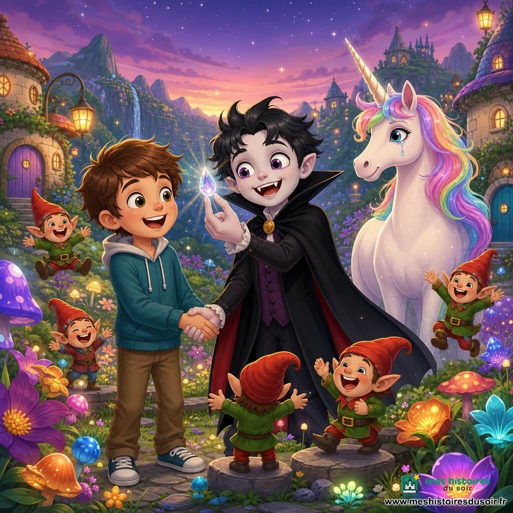 Vlad, vampire rigolo et maladroit à la cape noire flottante, cheveux ébouriffés et petits crocs souriants tient délicatement une petite larme brillante entre ses doigts pâles ; Léo, garçon de 10 ans châtain, tient la main de Vlad à gauche et admire la larme ; en arrière-plan à droite, une licorne blanche nacrée à crinière arc‑en‑ciel a une larme scintillante ; plusieurs lutins revivifiés aux petits corps et chapeaux rouges sautillent autour, certains sur des pierres basses ; décor : vallée enchantée aux fleurs géantes, champignons lumineux, maisons rondes en pierre aux portes colorées et lanternes, ciel crépusculaire mauve étoilé ; scène centrale : moment doux et drôle de triomphe où Vlad et Léo présentent la larme pour lever le sort, ambiance festive, palette pastel saturée, contours nets, formes simples et ombres douces, composition centrée sur Vlad et Léo.