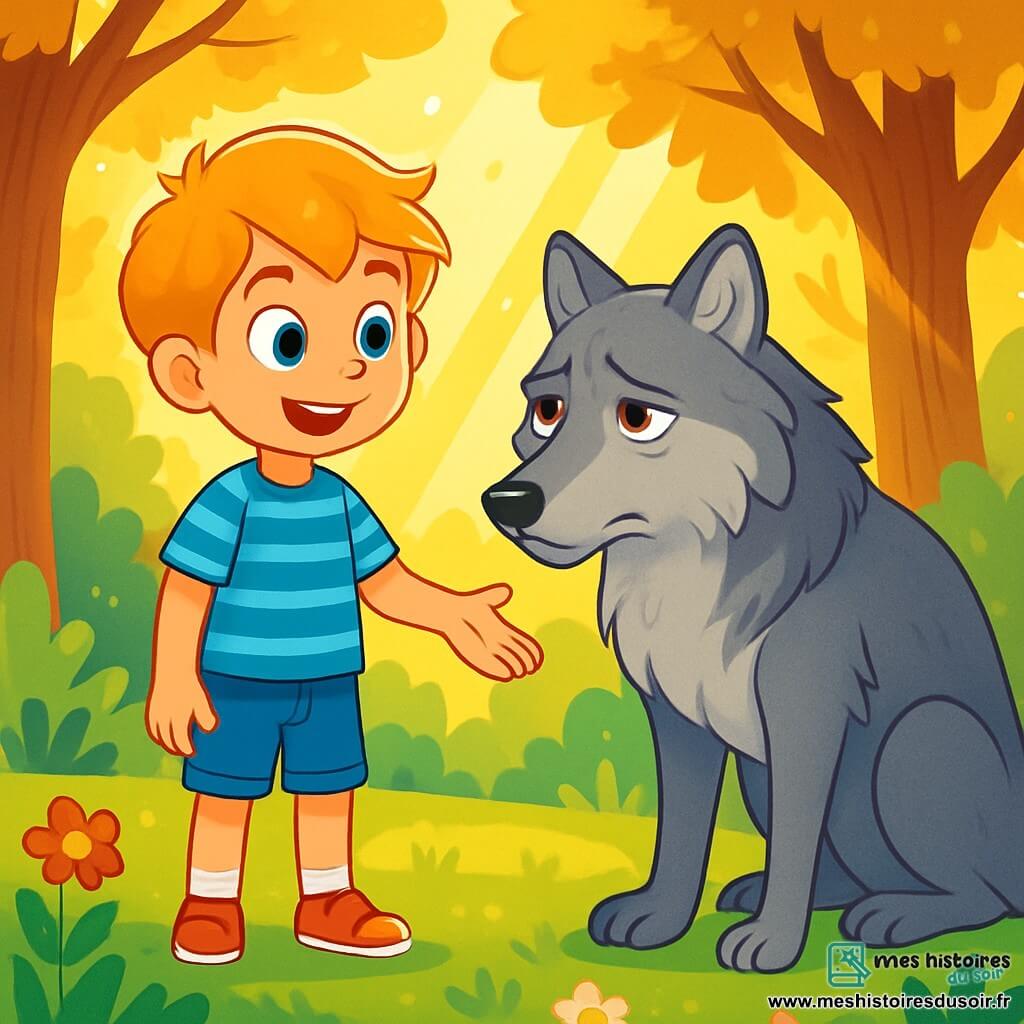 Lucien, un garçon de 8 ans aux cheveux dorés et aux yeux curieux, se tient dans une clairière ensoleillée, le visage illuminé par l'excitation. Vêtu d'une chemise à rayures bleues et d'un short en jean, il regarde avec détermination un grand loup au pelage gris argenté, qui semble triste mais majestueux. Le loup, noble et expressif, attend la compréhension de Lucien. La clairière, entourée d'arbres aux feuilles dorées et baignée de rayons de soleil, crée une ambiance magique. Des fleurs colorées ajoutent de la vie à cette scène enchantée. Lucien, plein de compassion, tend la main vers le loup, prêt à l'aider.