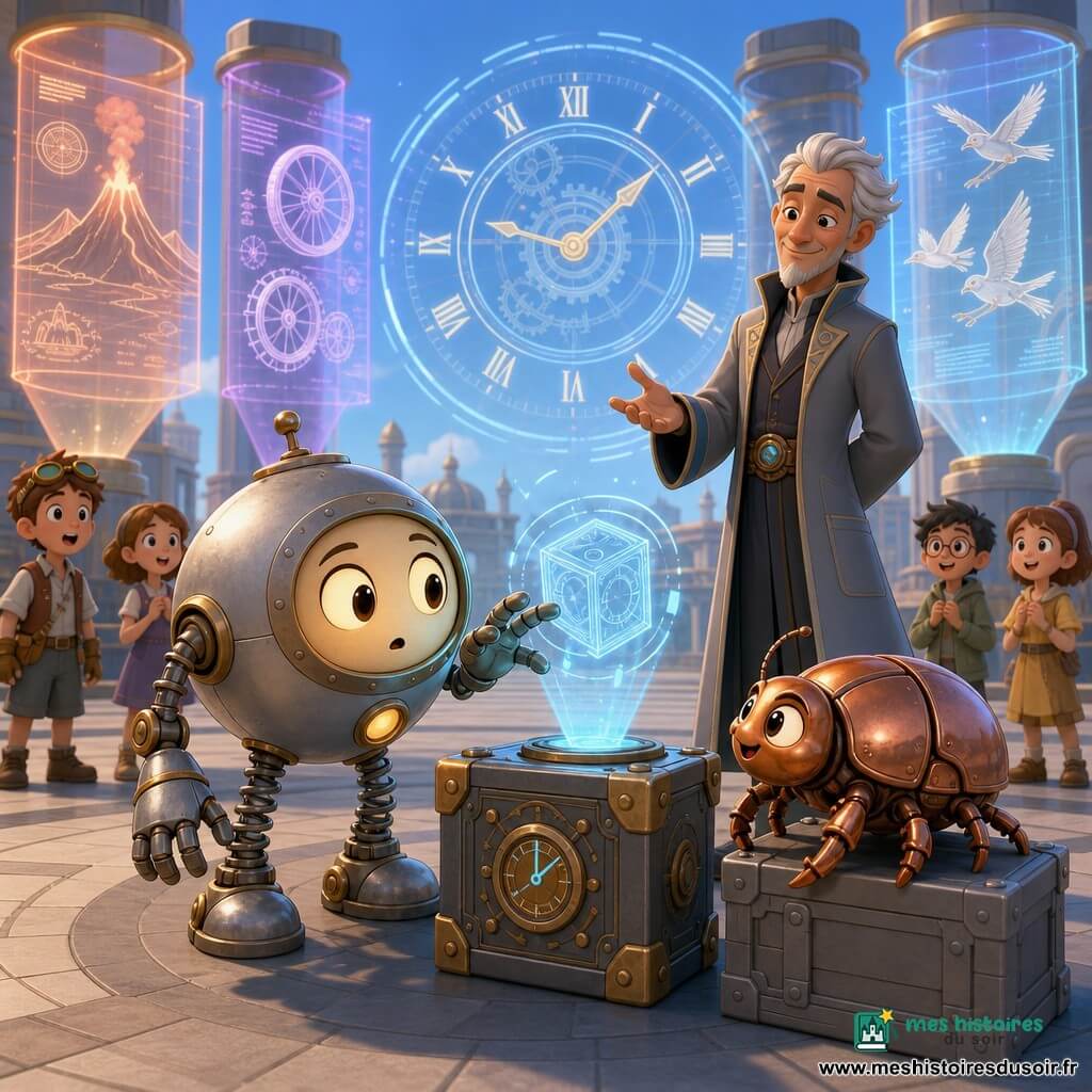 Lumo, petit robot rond en métal brossé au regard-lampe émerveillé et prudent, tend la main mécanique vers un hologramme ondulant au centre d'une grande place pavée tandis que Tico, scarabée mécanique cuivre au regard malicieux, est perché sur une boîte métallique à côté ; un maître aux cheveux argentés, silhouette élancée en manteau long et sourire bienveillant, observe en posant une main ouverte pour guider, des colonnes transparentes projettent des panneaux holographiques colorés et un immense cadran d'horloge flotte au centre, des enfants en arrière-plan sont émerveillés, ambiance douce et technologique aux lumières bleu-ambre.
