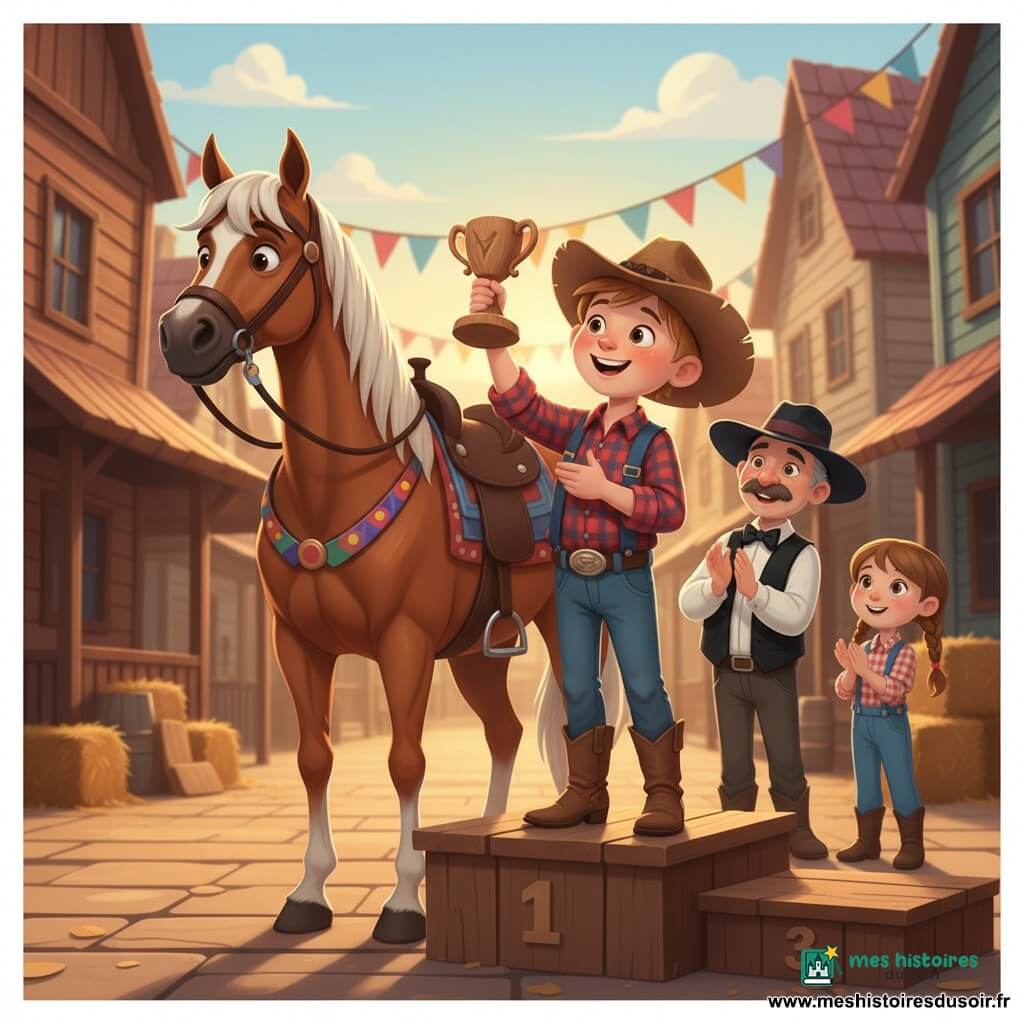 Un garçon cow-boy d'environ 12 ans, visage souriant, chapeau usé, tient fièrement un petit trophée en bois sur une estrade en bois; il porte une chemise à carreaux, un jean poussiéreux et des bottes en cuir. À côté, son cheval Spot, grand alezan à crinière blanche, se tient calmement avec une selle simple et une bride colorée. Derrière lui, un juge moustachu d'une cinquantaine d'années applaudit, et deux amis (un garçon de 11 ans et une fille de 10 ans) applaudissent en retrait. La place du village, pavée de planches, entourée de façades en bois, banderoles et bottes de paille, baigne dans une lumière dorée de fin de journée; la scène joyeuse et chaleureuse, centrée sur le garçon et son cheval, évoque triomphe et amitié.