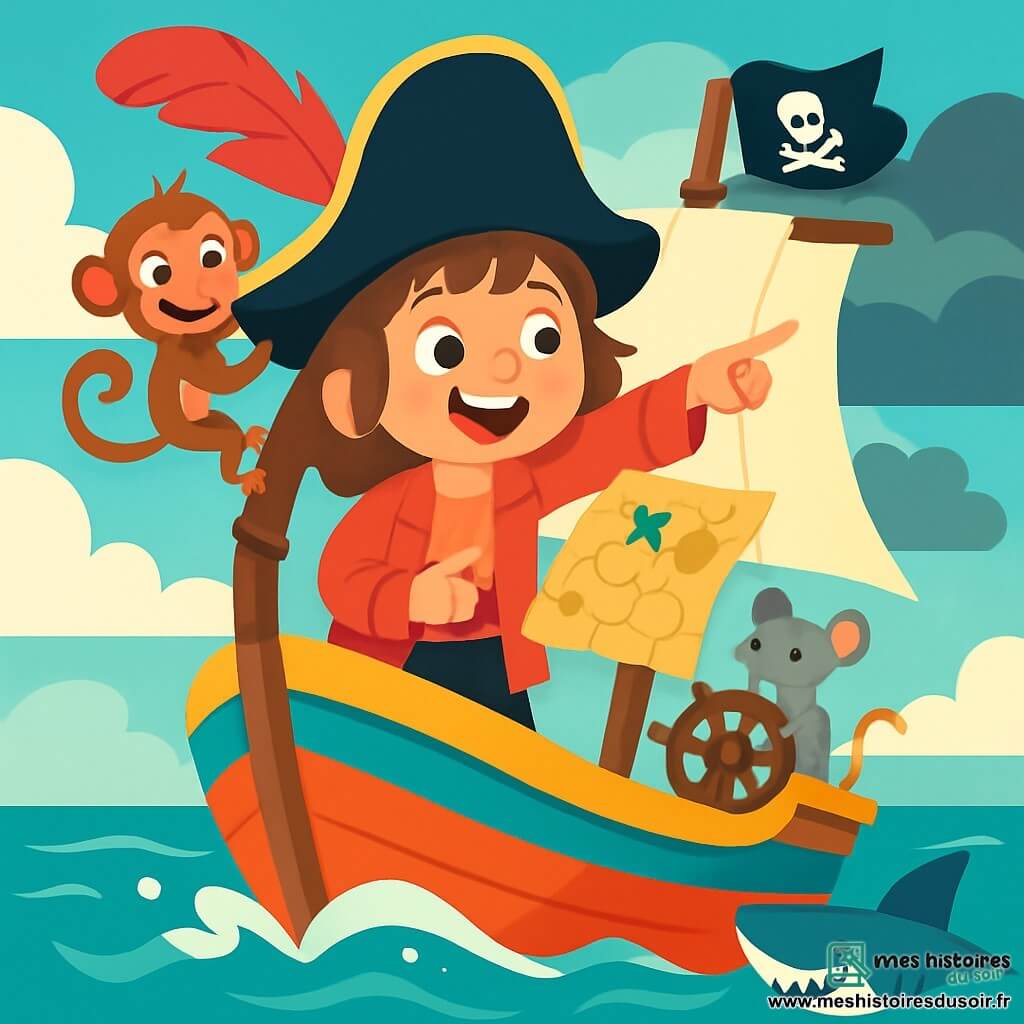 Zoé, une jeune pirate intrépide, porte un grand chapeau noir avec une plume rouge. Ses cheveux bruns en bataille et son sourire éclatant révèlent son excitation. Elle tient une carte au trésor et pointe vers l'horizon, les yeux brillants d'aventure. À ses côtés, Olaf, un petit singe espiègle, grimpe sur le mât du bateau, ses yeux malicieux. Lili, une petite souris grise, se tient sur le pont, concentrée sur la barre du bateau. Le Joyeux Dauphin, un bateau pirate coloré avec des voiles blanches et un drapeau noir, navigue sur une mer turquoise. Des vagues douces entourent le bateau tandis que des nuages sombres s'accumulent au loin, créant une atmosphère d'excitation. Zoé et son équipage sont prêts à partir à l'aventure, cherchant un trésor caché, tout en faisant face à des requins curieux autour du bateau.
