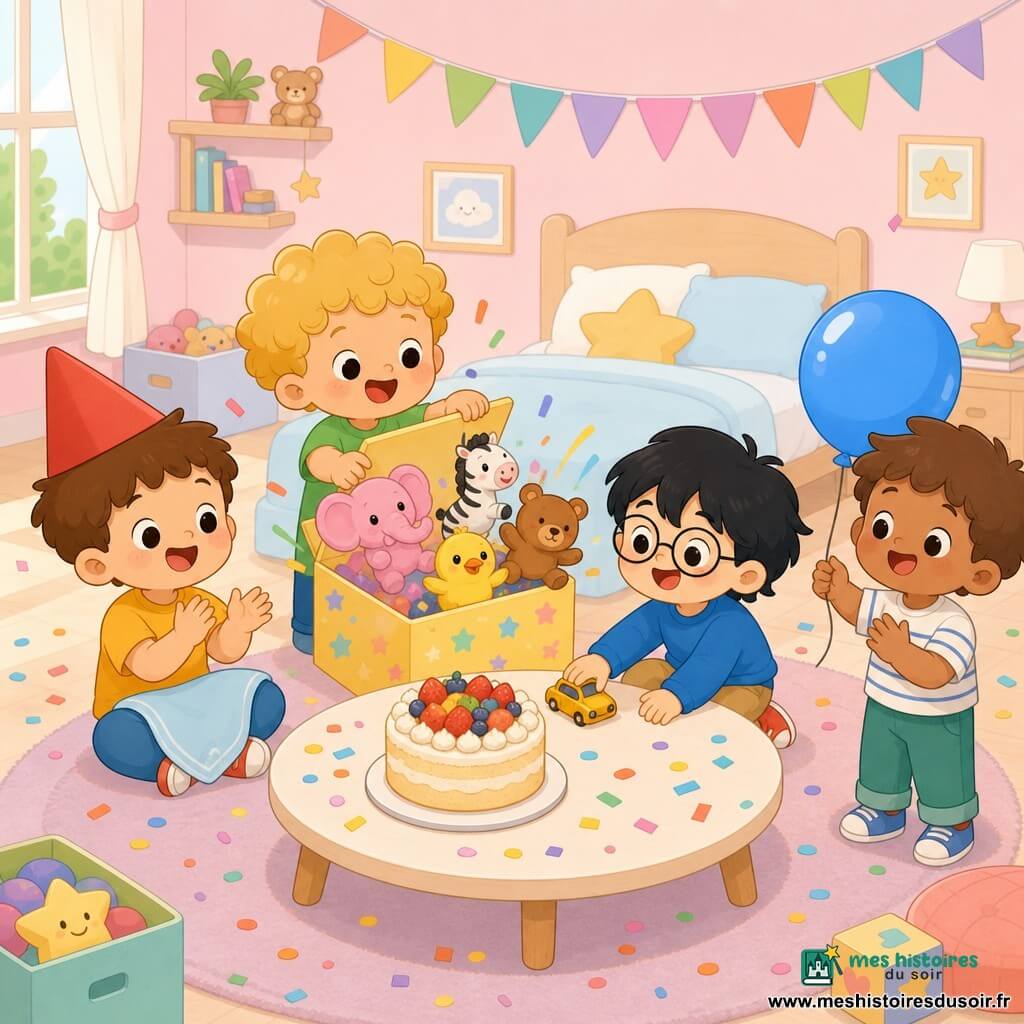 Quatre garçons de 5 ans fêtent un anniversaire dans une chambre lumineuse aux murs rose pâle : Léo, cheveux bruns courts et chapeau pointu rouge, assis à gauche avec une serviette sur les genoux ; Milo, cheveux blonds bouclés et t-shirt vert, debout centre-gauche en train d'ouvrir une boîte à surprises d'où jaillissent des peluches colorées (éléphant rose, zèbre, poussin jaune, ours) ; Tom, cheveux noirs mi-longs et lunettes rondes, assis centre-droit poussant une petite voiture jaune ; Hugo, cheveux châtains et sourire timide, à droite tenant un grand ballon bleu d'une main ; en arrière-plan un grand lit, une guirlande colorée, une table basse ronde avec un gâteau à la vanille décoré de fruits et quelques confettis au sol, ambiance joyeuse, couleurs vives et formes douces.