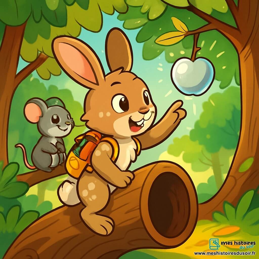 Au centre de l'image, un jeune lapin nommé Timothée grimpe sur un tronc d'arbre creux. Ses yeux brillent d'excitation et son pelage brun clair est parsemé de taches blanches. Il porte un petit sac à dos rempli de livres et tend sa patte vers une pomme d’argent accrochée à une branche, montrant sa détermination. À côté, une petite souris nommée Léonie l'observe avec un sourire encourageant, perchée sur une branche. En arrière-plan, la forêt d’Églantines s’étend avec des arbres majestueux et des rayons de soleil filtrent à travers les branches, créant une atmosphère magique. La scène illustre le moment où Timothée découvre la pomme d’argent, symbole d'un trésor caché.