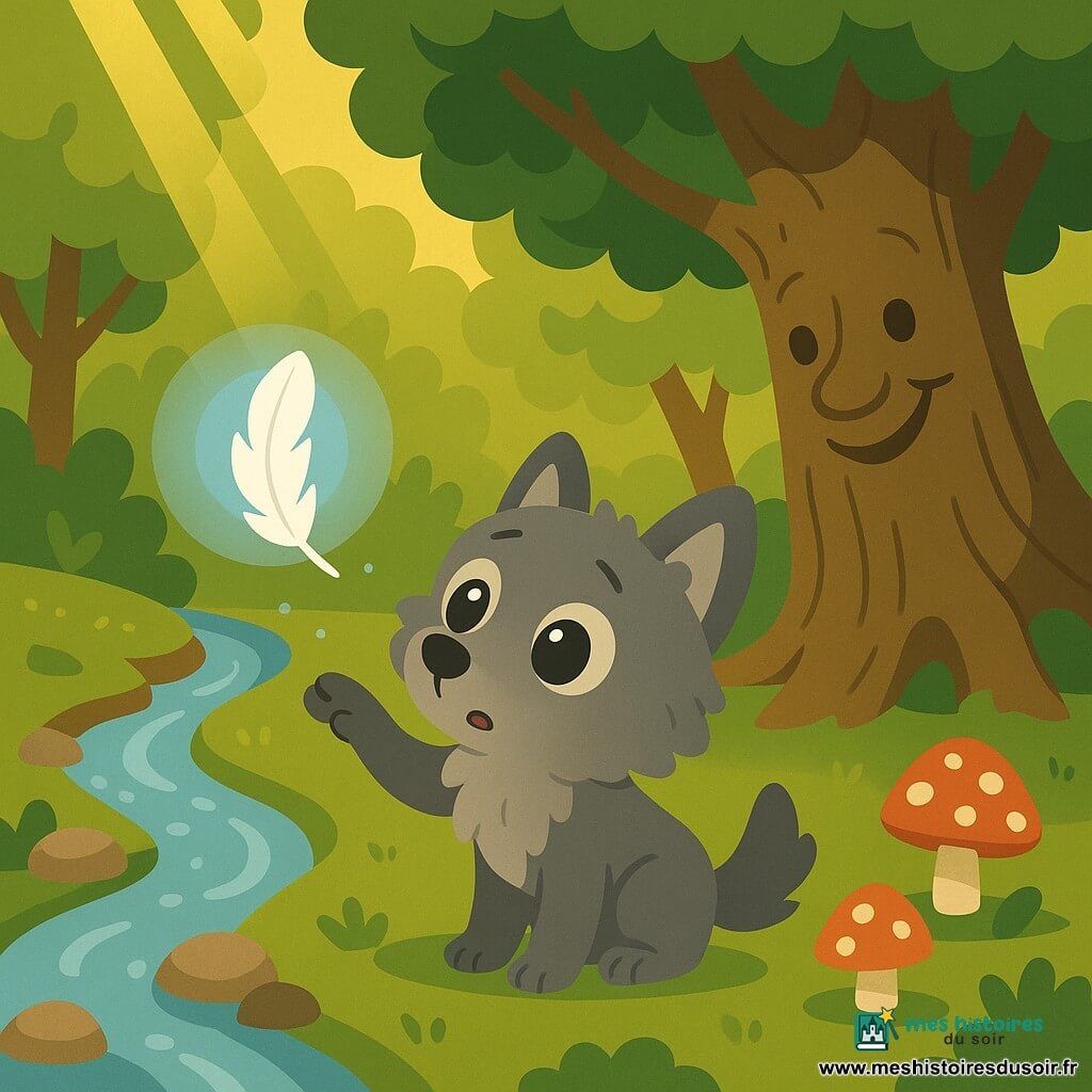 Loulou, un petit loup gris au pelage duveteux et aux yeux brillants, timide et émerveillé, tend la patte vers une Plume d'Étoile blanche et lumineuse qui descend en spirale vers son museau; le Chêne-Grand-Père, immense arbre au visage bienveillant, sourit et penche une branche, un ruisseau clair serpente à gauche, la clairière couverte de mousse, champignons rouges à pois blancs et rayons de soleil créent un moment magique et serein où le courage naît.