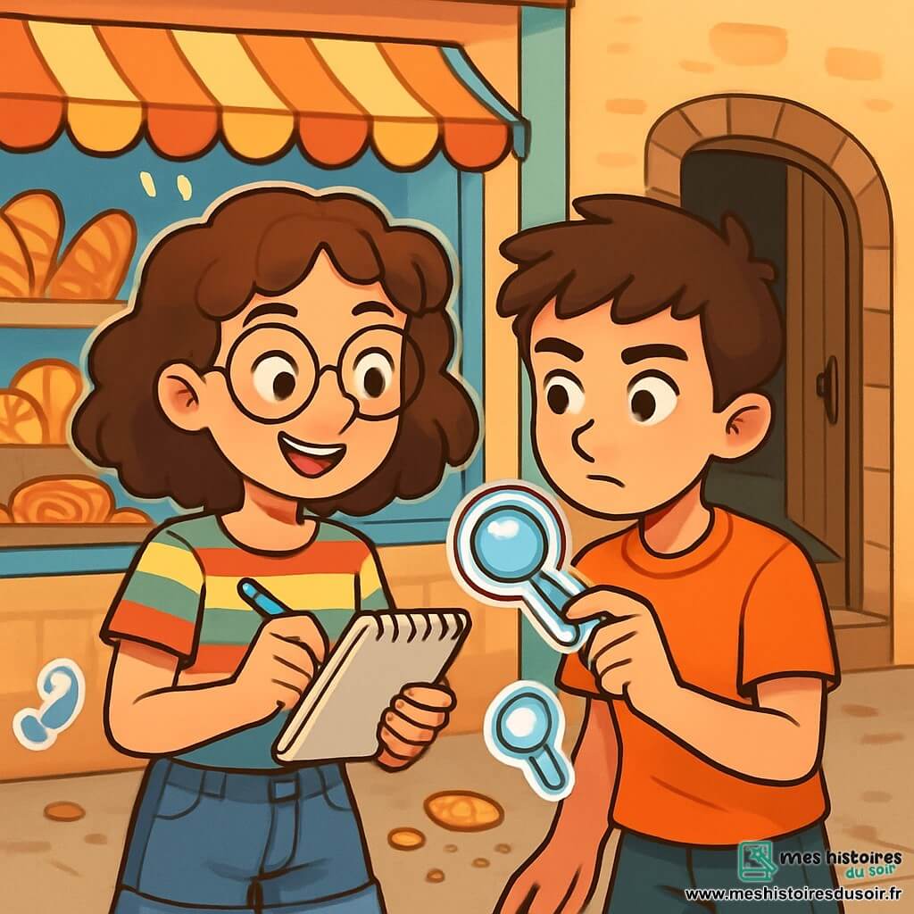Manon, 12 ans, est au centre de l'image avec des cheveux châtains bouclés et des lunettes rondes, portant un t-shirt à rayures et un short en jean. Elle tient un carnet ouvert et un stylo, souriant avec enthousiasme. À côté, Mehdi, également 12 ans, observe un autocollant en forme de loupe avec concentration. En arrière-plan, la boulangerie de quartier présente une vitrine de pains dorés et de pâtisseries, avec une porte en bois légèrement ouverte laissant passer une lumière jaunâtre. La scène montre Manon et Mehdi en pleine enquête, entourés d'indices mystérieux, dans une ambiance de suspense, prêts à résoudre le mystère des pains perdus.