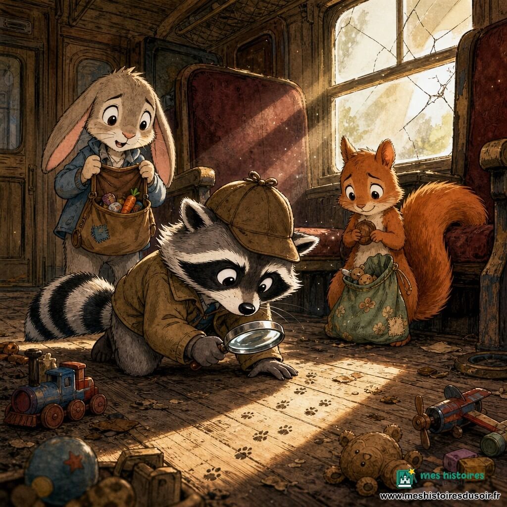 Gaston, petit raton laveur détective, concentré, chapeau brun et loupe, inspecte des empreintes poussiéreuses près d'un siège où la piste mène au sac à goûter; Rémi, jeune lapin aux longues oreilles tombantes, soulagé, tient le sac ouvert quelques pas derrière; Lucie, écureuilne timide au pelage roux, tient une noisette près du vieux siège en montrant discrètement le sac retrouvé; le tout dans un vieux wagon en bois aux planches usées, banquettes en velours effiloché, lumière poussiéreuse traversant une vitre fendue, jouets éparpillés et petites empreintes sur le plancher, ambiance chaleureuse et couleurs chaudes.
