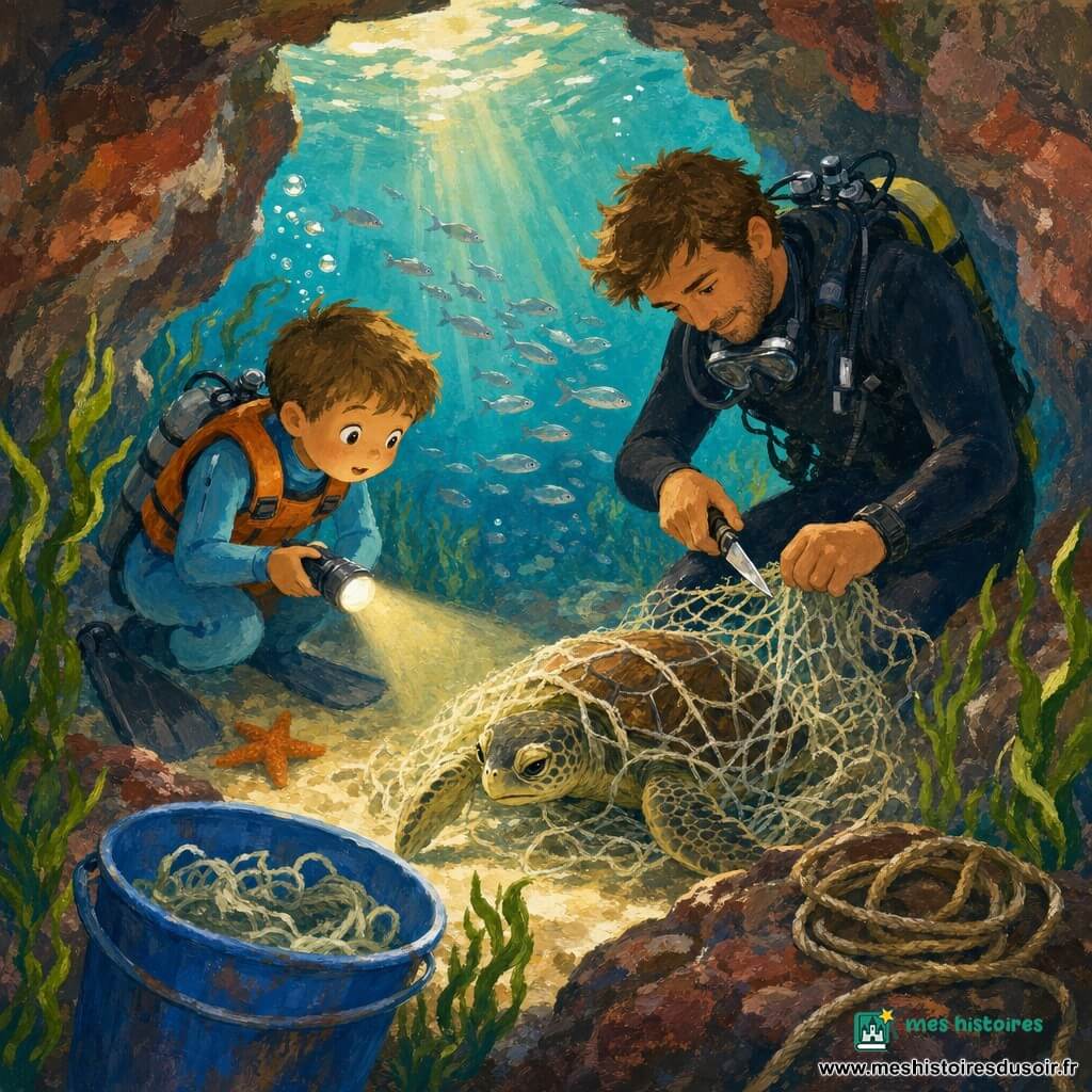 Un garçon de 6 ans, émerveillé, cheveux châtain clair courts, en combinaison bleu ciel et gilet orange, tient une lampe qui éclaire doucement un filet et une petite tortue marine fatiguée mais soulagée ; derrière lui, le père (35–40 ans, barbe naissante, cheveux bruns, combinaison sombre) coupe calmement le filet avec un petit couteau. La tortue captive est au centre-bas, un seau bleu avec des morceaux de filet et une corde posé sur un rocher submergé au premier plan. Lieu : grotte sous-marine peu profonde aux parois grises et brun-rouge, algues vertes, eau turquoise traversée de rayons dorés, bulles remontant et sable blond au fond ; ambiance tendre et sûre, poissons argentés s'enfuyant et une étoile de mer orange en arrière-plan. Style : gouache aux couleurs douces et traits visibles, contrastes chauds entre lumière et ombres bleues, composition centrée sur l’action.