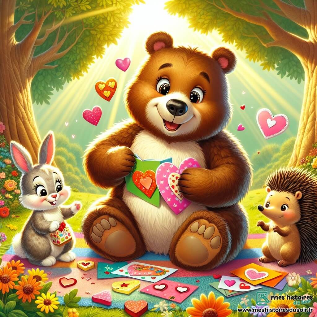 Illustration d'un ours joyeux au pelage brun, assis sur une couverture colorée, entouré de cartes de Saint-Valentin. À ses côtés, une lapine blanche saute de joie avec une carte, tandis qu'un tamanoir curieux observe les cartes. Un hérisson timide se cache derrière la lapine, tenant une petite carte. Le décor est un parc ensoleillé avec des fleurs et un grand chêne, où l'ours et ses amis préparent une chasse au trésor pour la Saint-Valentin, dans une ambiance joyeuse. Des cœurs flottants, des bonbons en forme de cœur et des oiseaux chantants ajoutent une touche festive à la scène.