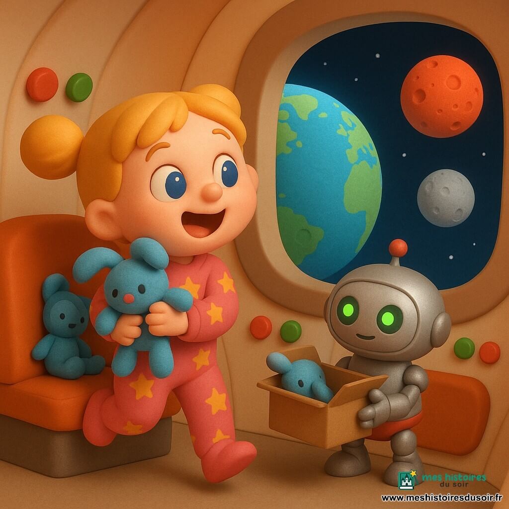 Lily, fillette joyeuse aux yeux bleus et couettes blondes, serre son doudou bleu en souriant dans une tenue rose à étoiles ; à côté, Pip, petit robot rond argent et rouge aux yeux LED verts, présente une boîte ouverte contenant le doudou retrouvé. Ils sont au centre d'une fusée au décor cosy et lumineux — murs blancs lisses, boutons colorés et grande fenêtre ovale montrant l'espace avec la Terre, la Lune proches et Mars au loin — textures et formes arrondies, ombrages doux, arrière-plan minimal pour focaliser sur leurs visages expressifs.