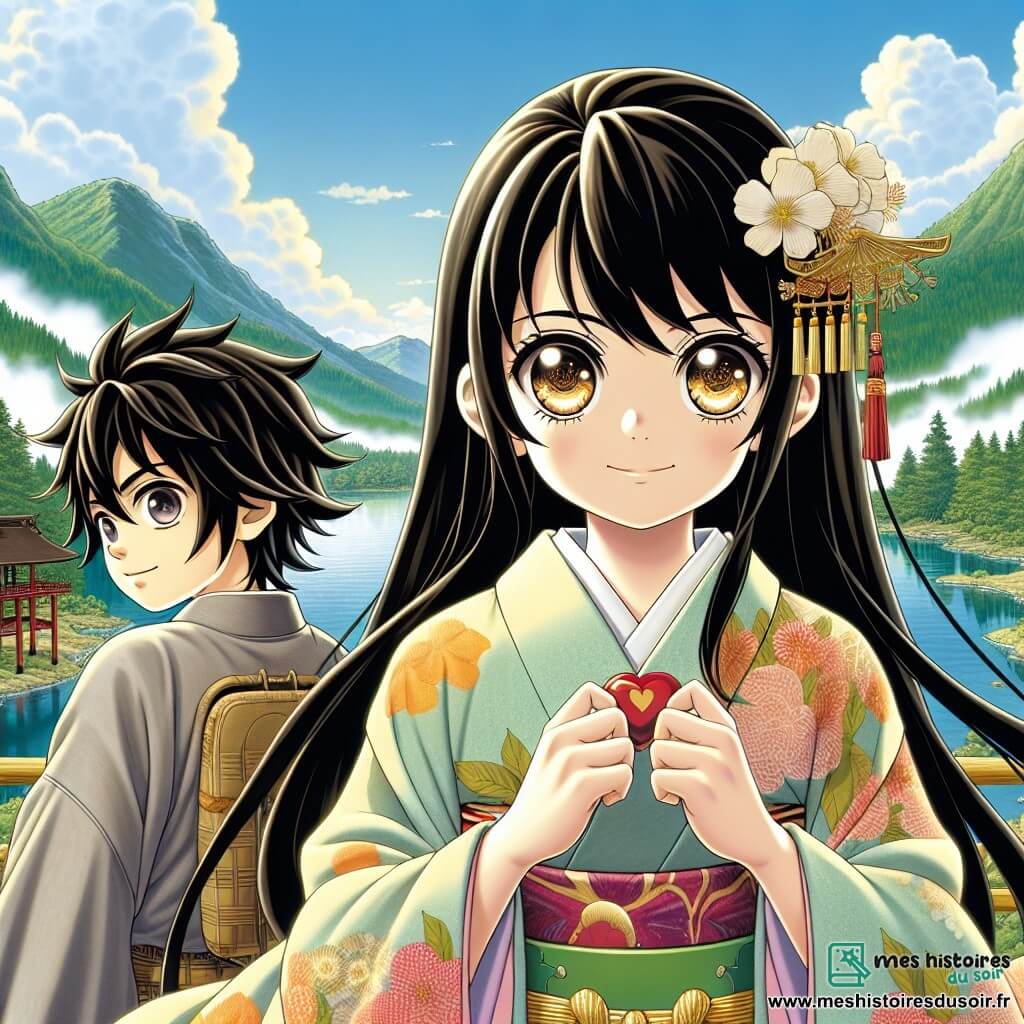 Aiko, une jeune fille de 12 ans, affiche une expression déterminée, avec de longs cheveux noirs et un kimono aux motifs floraux. Elle tient un talisman en forme de cœur. À ses côtés, Kenji, également âgé de 12 ans, sourit et porte un yukata léger. Ensemble, ils se tiennent à l'entrée d'une vallée majestueuse, prête à traverser un pont suspendu. Le paysage, avec des montagnes verdoyantes et un lac cristallin, est enveloppé d'une légère brume, ajoutant une atmosphère mystérieuse à leur quête pour restaurer l'harmonie entre les vivants et les esprits.