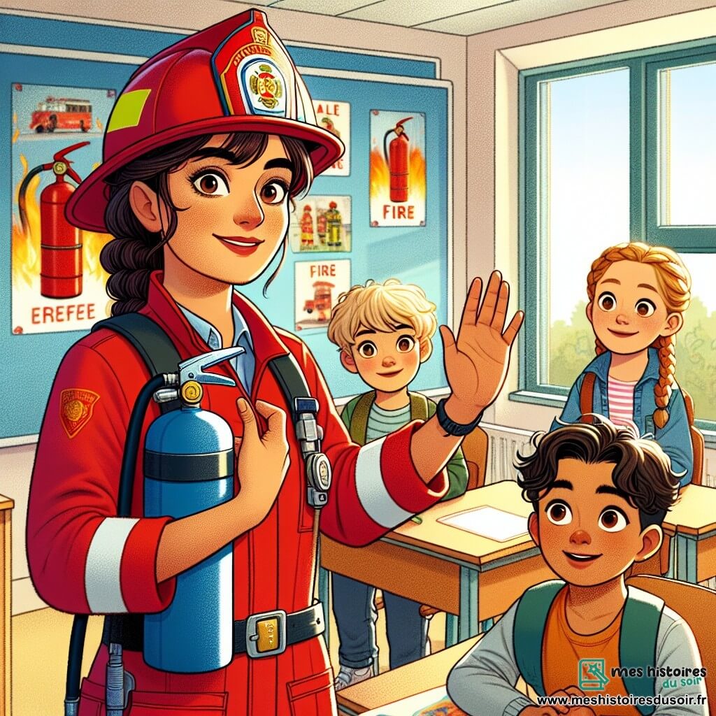 Clara, une pompière d'une trentaine d'années, se tient au centre de l'image dans un uniforme rouge et un casque brillant. Son visage exprime détermination et bienveillance, avec un sourire réconfortant pour les enfants autour d'elle. Elle montre aux enfants comment utiliser un extincteur factice. À sa droite, Lucas, un garçon de 11 ans aux cheveux bruns, la regarde avec admiration, prêt à imiter ses gestes. À sa gauche, Sarah, une fille de 11 ans aux cheveux blonds tressés, l'observe avec enthousiasme. La scène se déroule dans une salle de classe lumineuse, décorée d'affiches de sécurité incendie et de dessins d'enfants. Clara explique l'importance de la sécurité incendie, captivant les enfants qui sont prêts à apprendre.