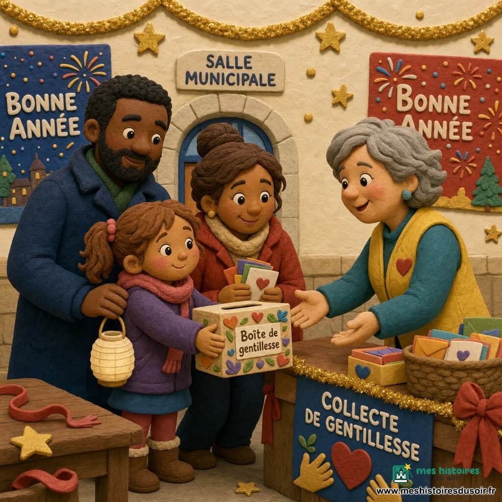 Une fillette de 4 ans aux joues roses, cheveux châtain clair en couette, regard émerveillé et sourire timide tient une petite lanterne en papier crème et pose une boîte décorée « Boîte de gentillesse » sur une table ; sa mère d'environ 30 ans, cheveux bruns en chignon et veste rouge, accroupie à côté d'elle avec une enveloppe de cartes colorées, et son père d'environ 35 ans, barbe légère et manteau bleu foncé, se tient derrière en posant la main sur son épaule ; une bénévole d'environ 40 ans en gilet jaune, cheveux gris courts, sourit devant une grande table de collecte pour recevoir la boîte ; intérieur de salle municipale décorée de guirlandes dorées, étoiles en papier, rubans et affiches « Bonne année », lumière douce et chaleureuse, textures façon pâte à modeler et couleurs chaudes.