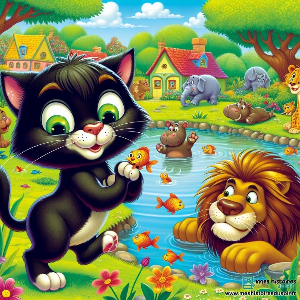 Un chat farceur nommé Félix, avec un pelage noir et des yeux verts, se tient au bord d'une mare, souriant malicieusement. À côté de lui, un lion bavard nommé Léo, avec une crinière dorée, se cache derrière un buisson, prêt à rire. La scène se déroule dans un village animé, entouré d'arbres et de fleurs, où d'autres animaux curieux se rassemblent. Félix prépare une farce en plaçant un poisson rouge sur le dos d'un hippopotame grognon, tandis que des rires résonnent dans l'air ensoleillé.