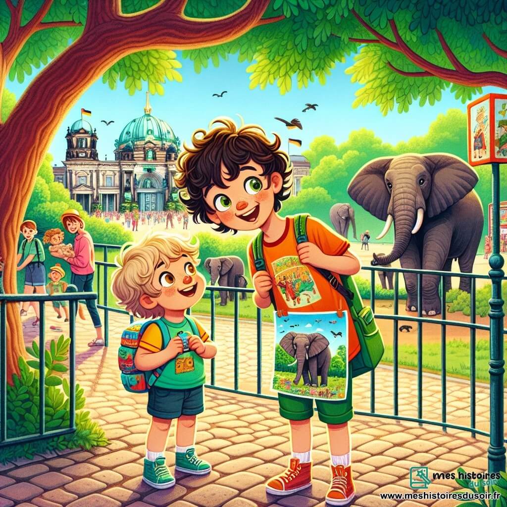 Un garçon de 10 ans, Lucas, aux cheveux bruns et bouclés, se tient devant le zoo de Berlin, visiblement excité par les éléphants. À ses côtés, son petit frère Max, 6 ans, avec des cheveux blonds, tient un dessin d'éléphant et sourit. Leur maman, dans la trentaine, les observe avec fierté tout en tenant un panier de currywurst. Le zoo est verdoyant, avec des allées pavées et des enclos bien entretenus, tandis que des visiteurs admirent les animaux. Lucas et Max, émerveillés, sont encouragés par leur maman à explorer le zoo, créant un moment de joie familiale.